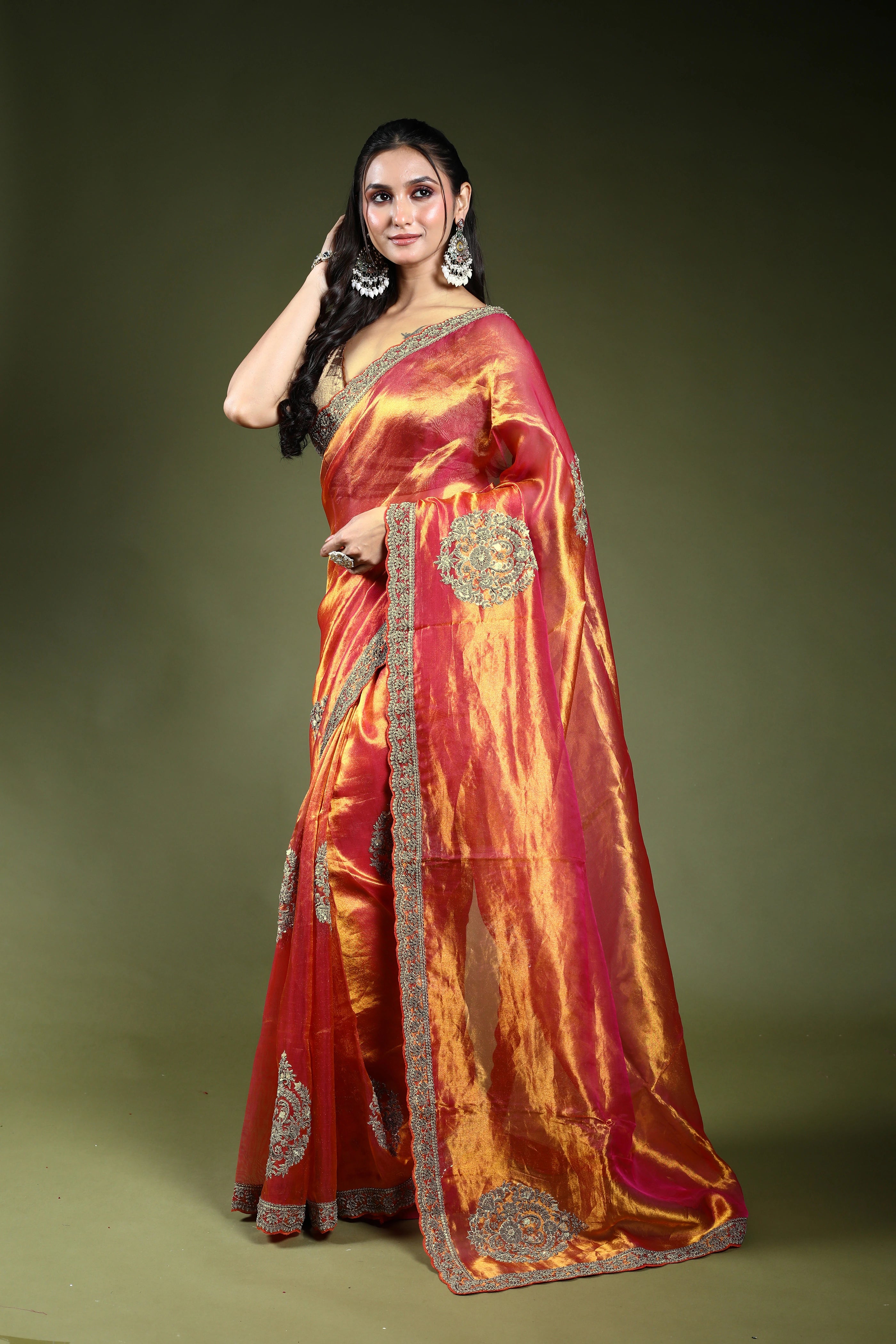 Rani Orange Dual Tone Exclusive Tissue Zardosi Work Saree With Blouse Piece
