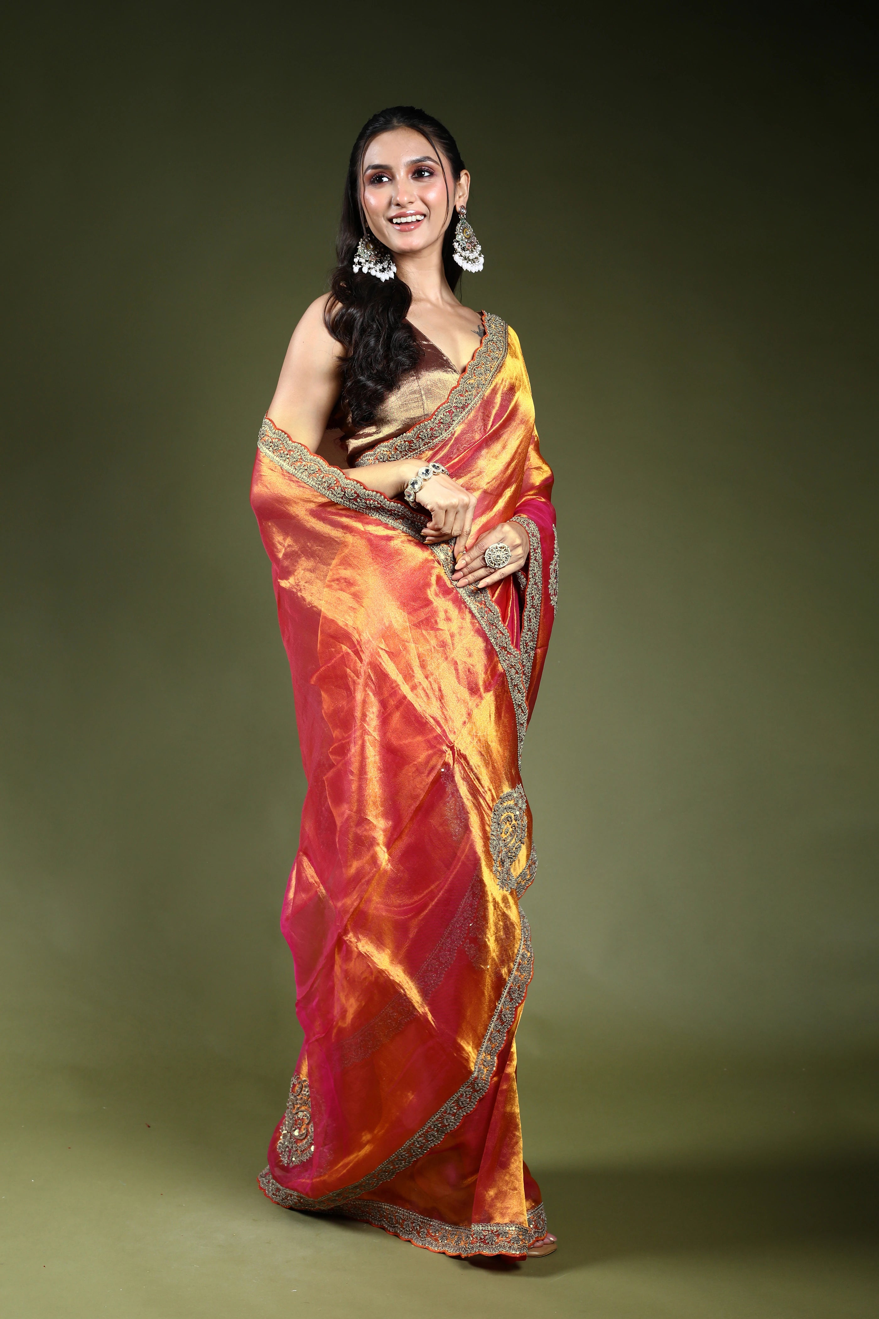 Rani Orange Dual Tone Exclusive Tissue Zardosi Work Saree With Blouse Piece