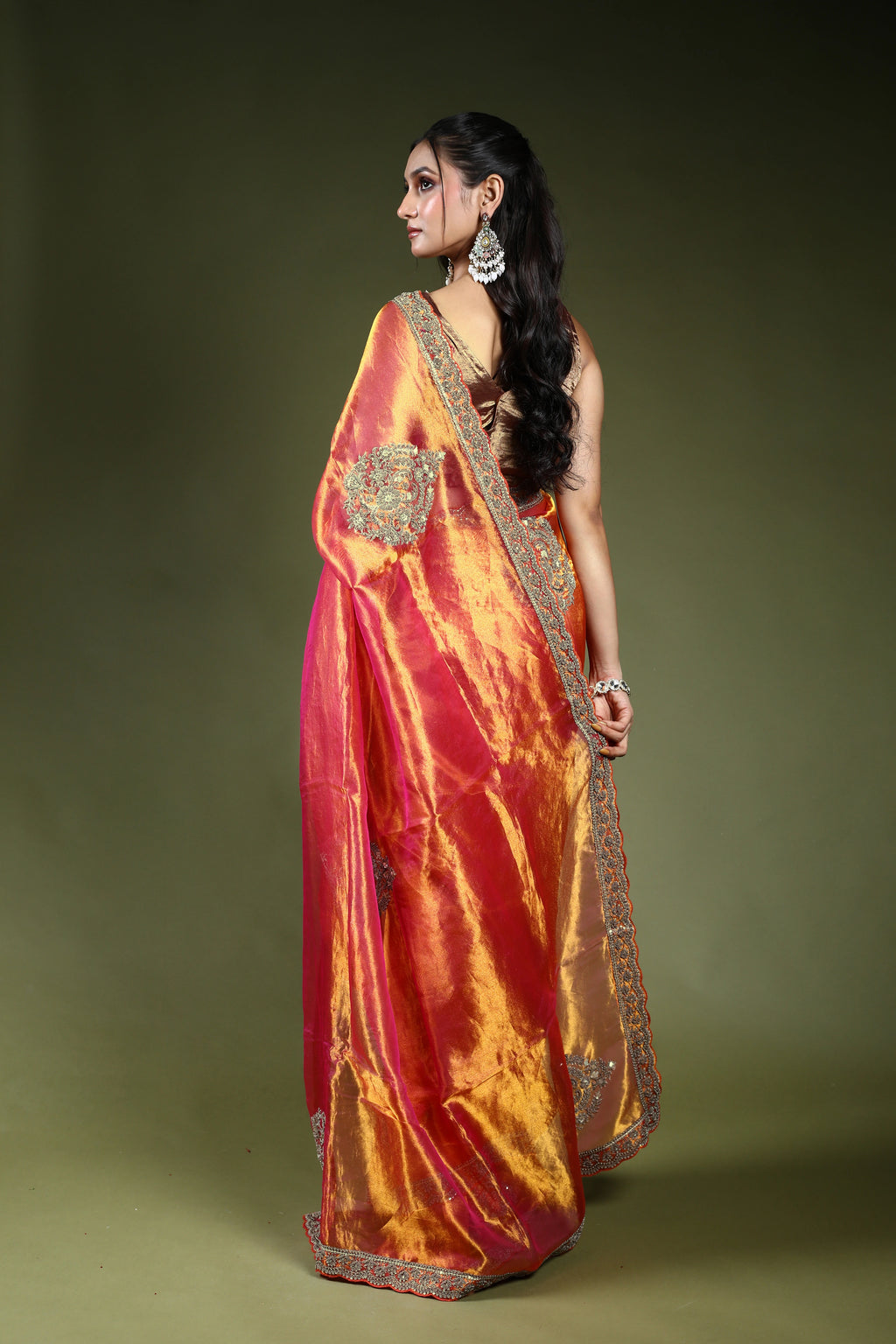 Rani Orange Dual Tone Exclusive Tissue Zardosi Work Saree With Blouse Piece