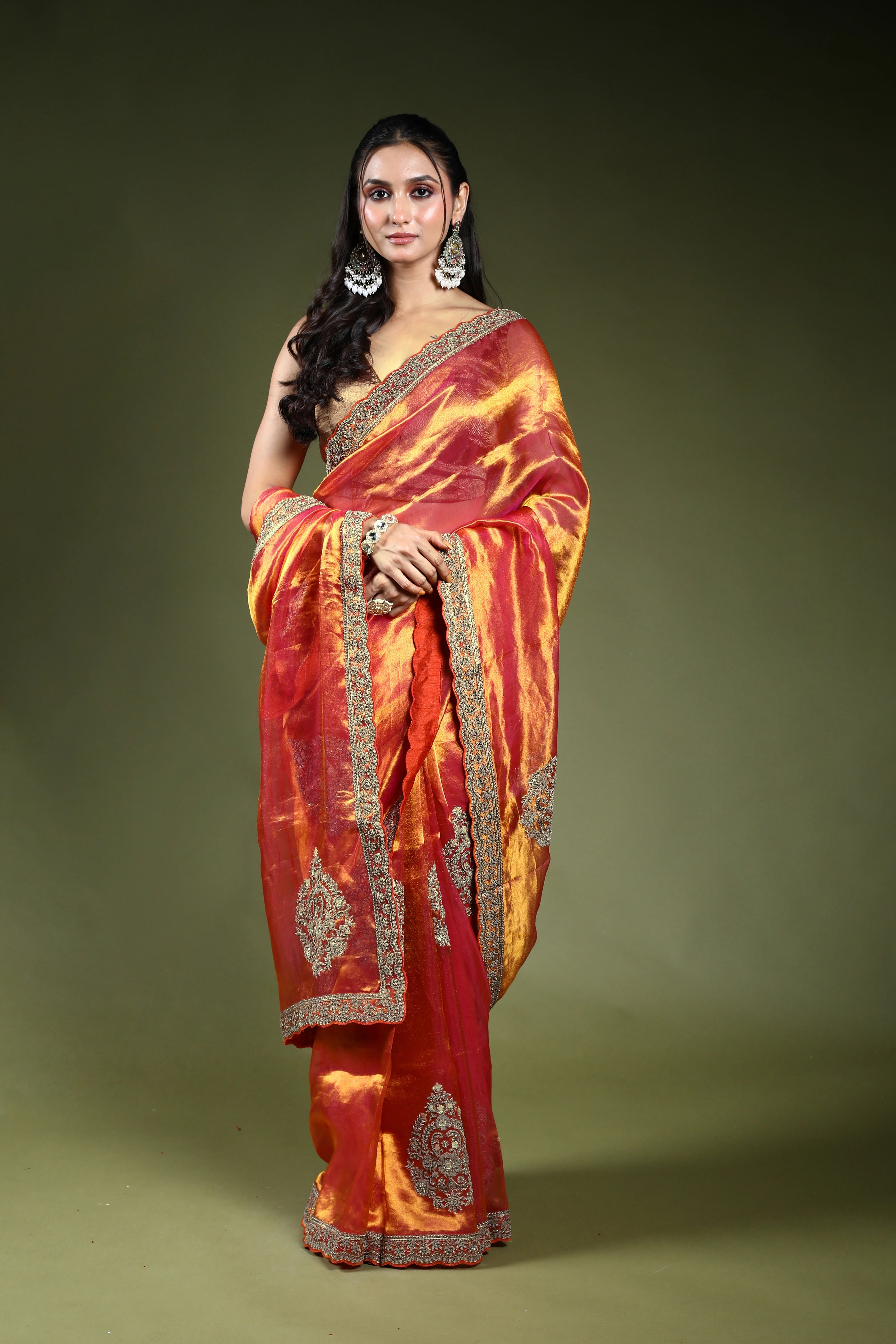 Rani Orange Dual Tone Exclusive Tissue Zardosi Work Saree With Blouse Piece