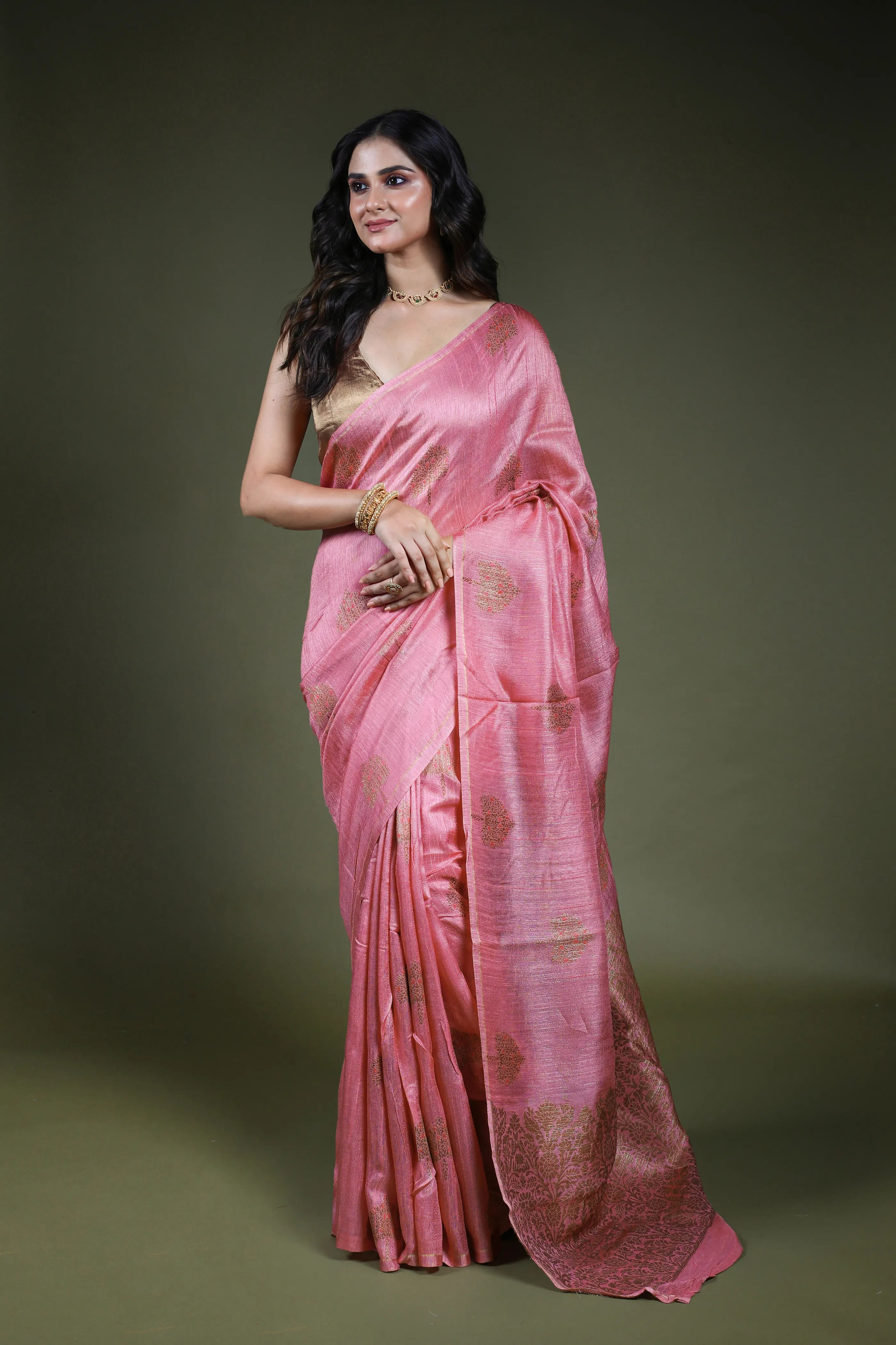 Dusty Pink Blended Raw Silk Saree with Blouse Piece