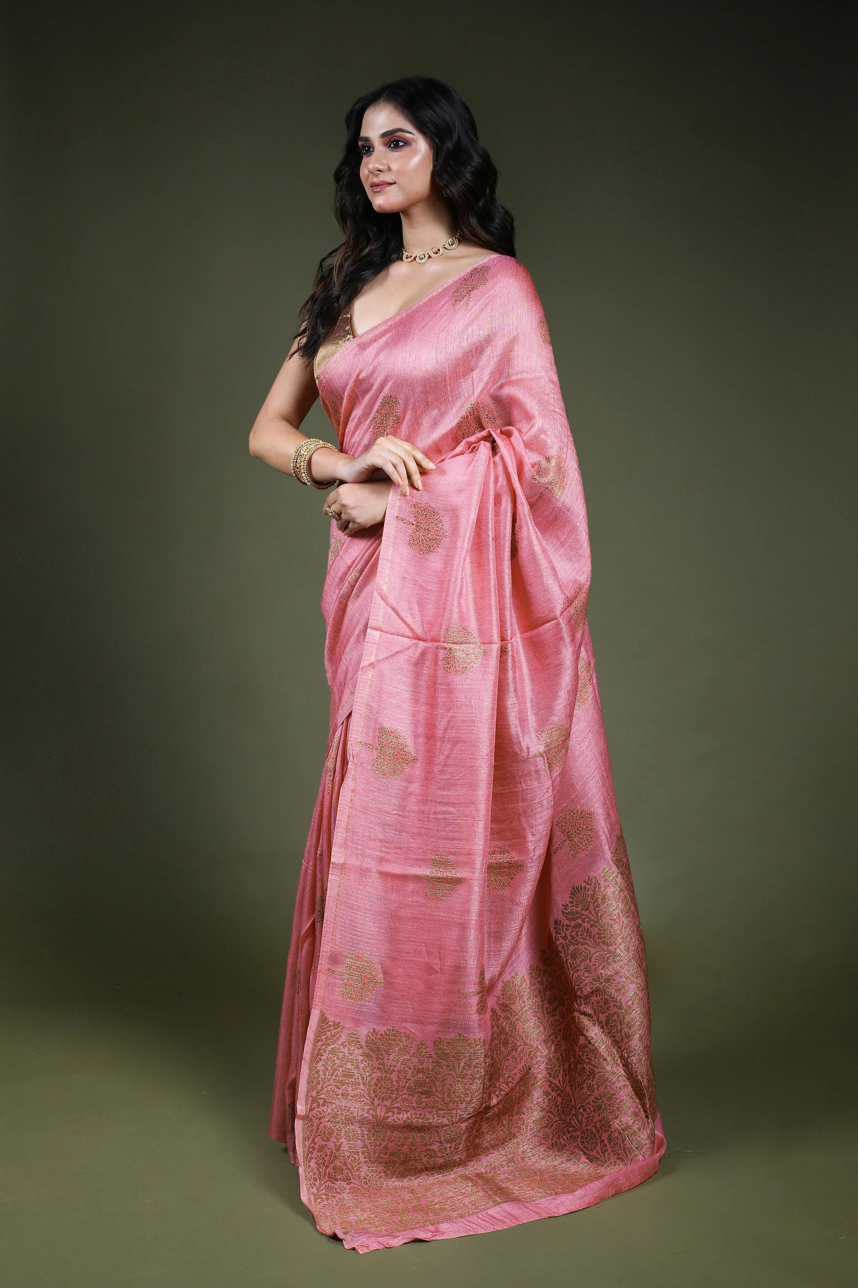 Dusty Pink Blended Raw Silk Saree with Blouse Piece