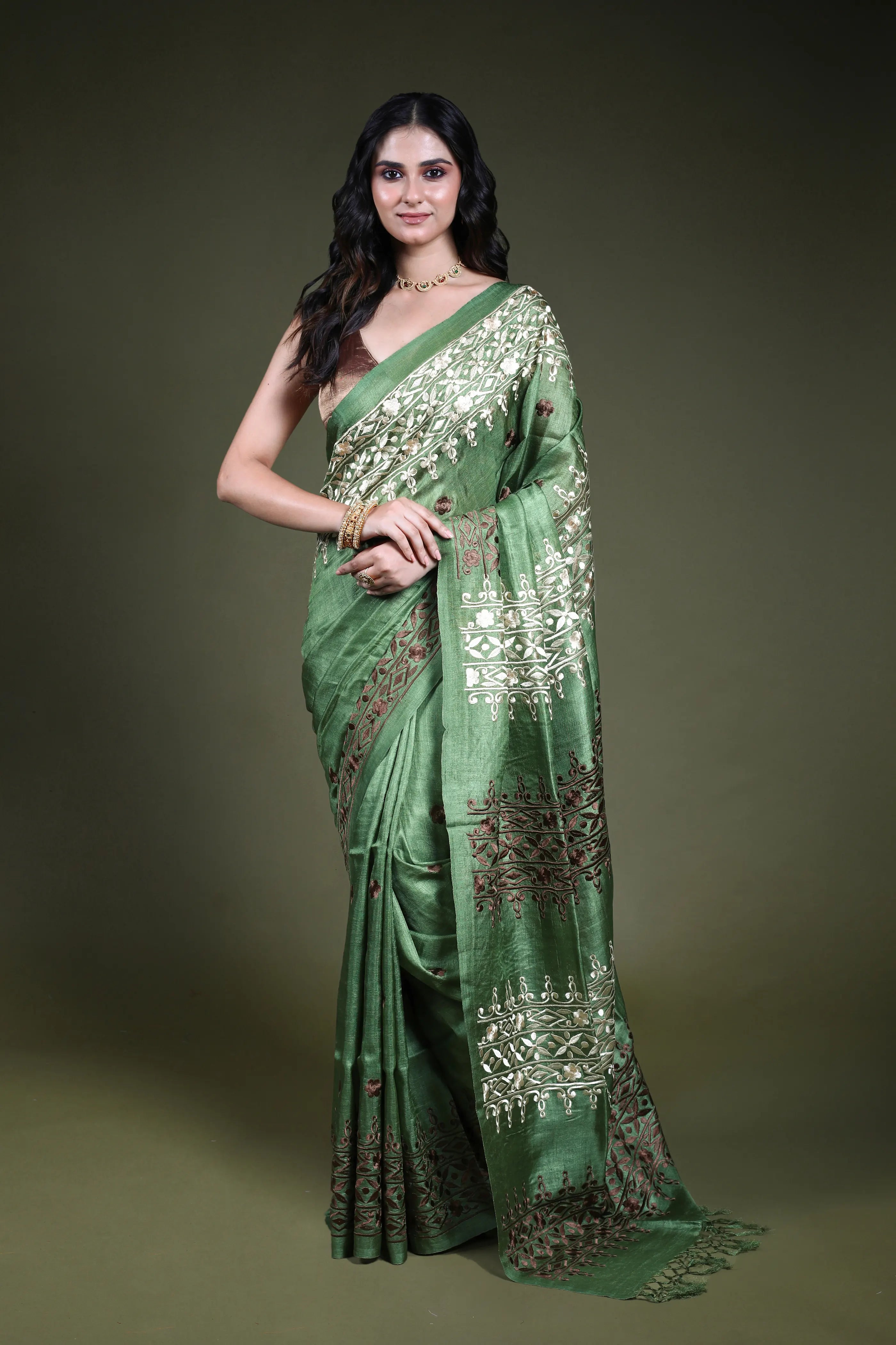 Mint Green Embroidery Tussar Saree with Blouse Piece