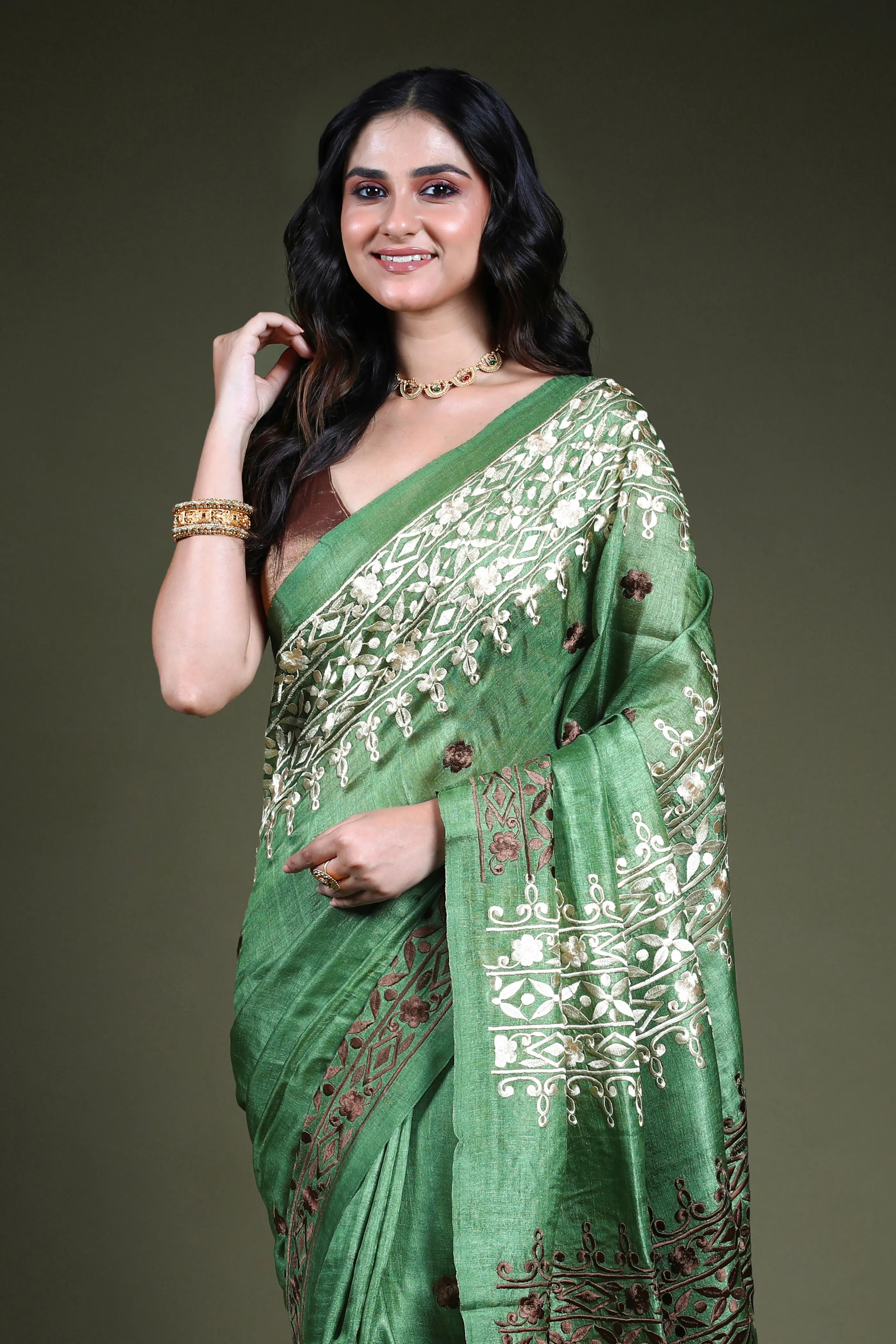 Mint Green Embroidery Tussar Saree with Blouse Piece