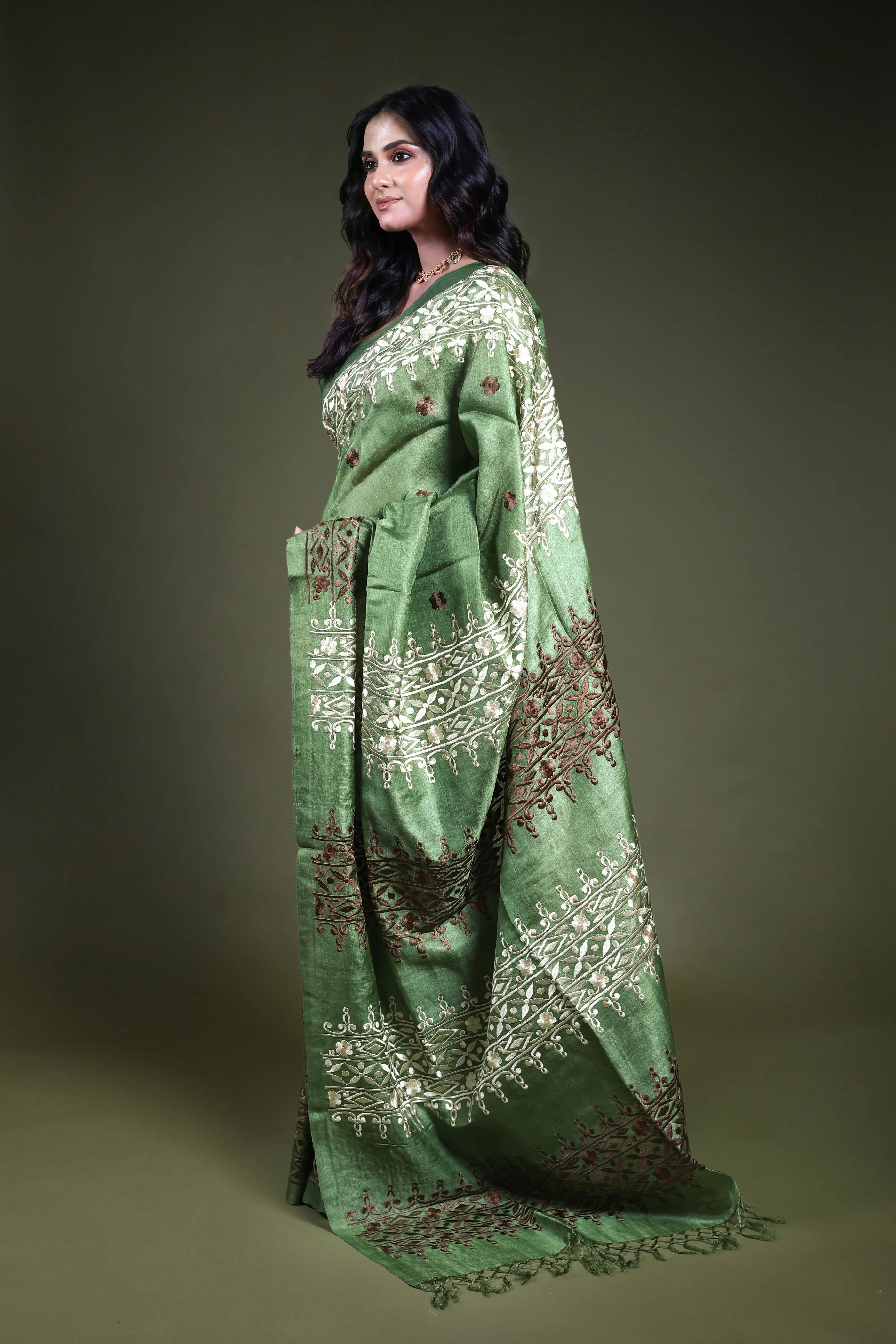 Mint Green Embroidery Tussar Saree with Blouse Piece
