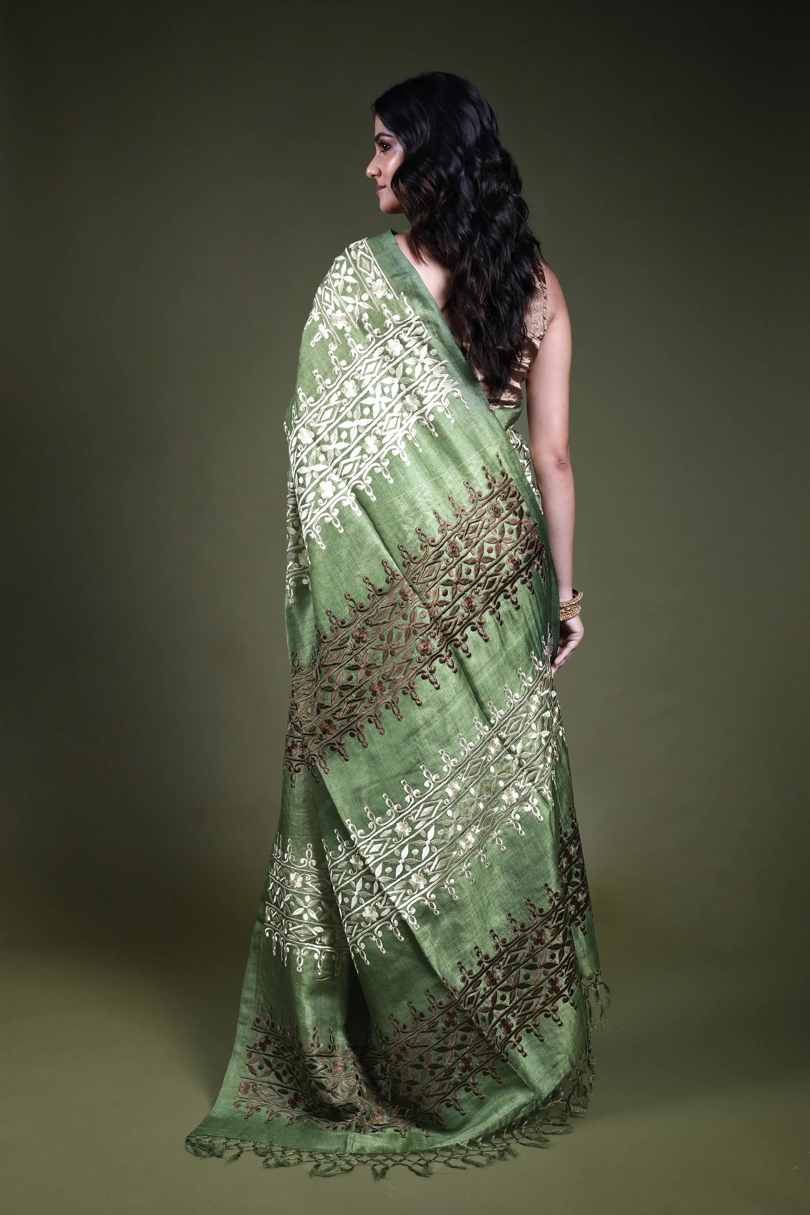 Mint Green Embroidery Tussar Saree with Blouse Piece