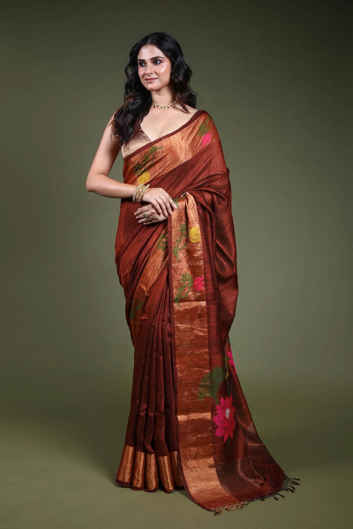 Chocolate  Matka Saree with Blouse Piece