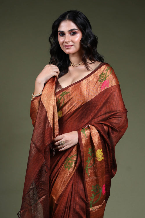 Chocolate  Matka Saree with Blouse Piece