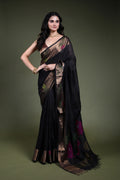 Black Muslin Matka Saree with Blouse Piece