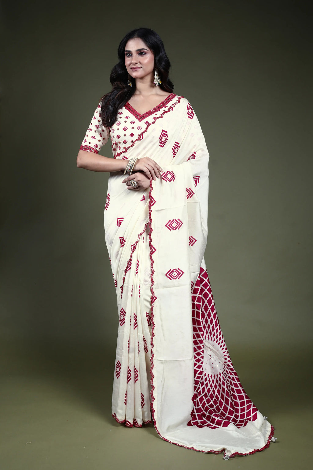 White Blended Tussar Saree Readymade Blouse