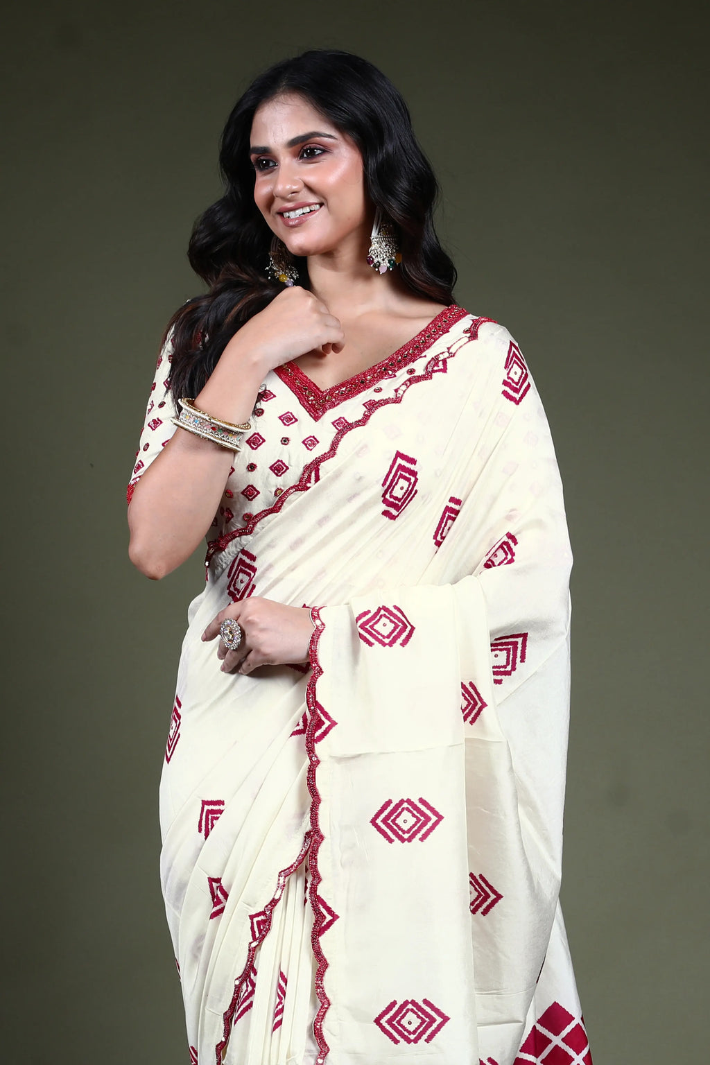 White Blended Tussar Saree Readymade Blouse