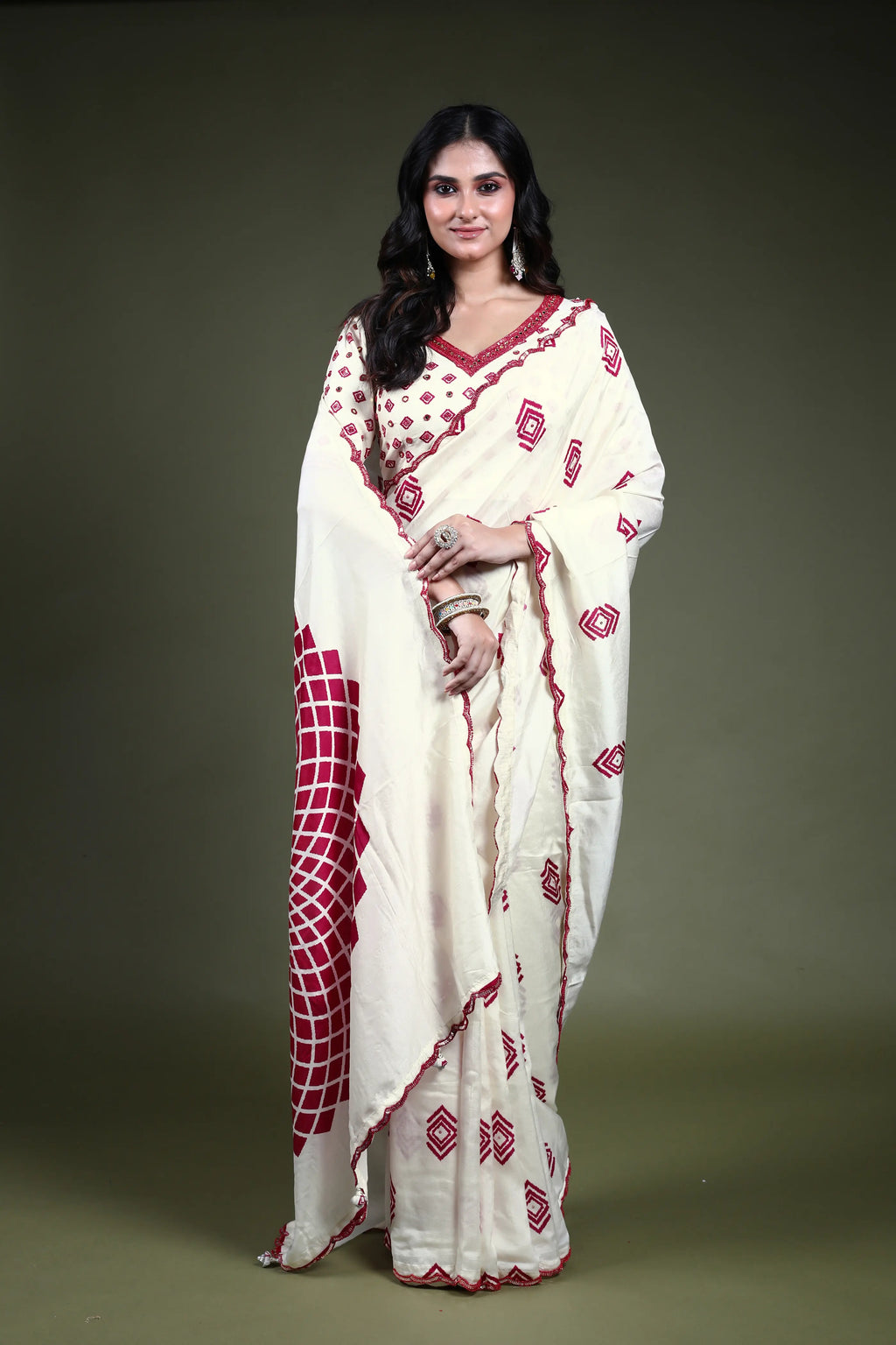 White Blended Tussar Saree Readymade Blouse