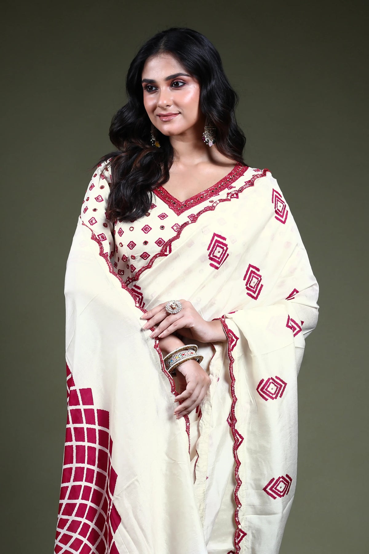 White Blended Tussar Saree Readymade Blouse