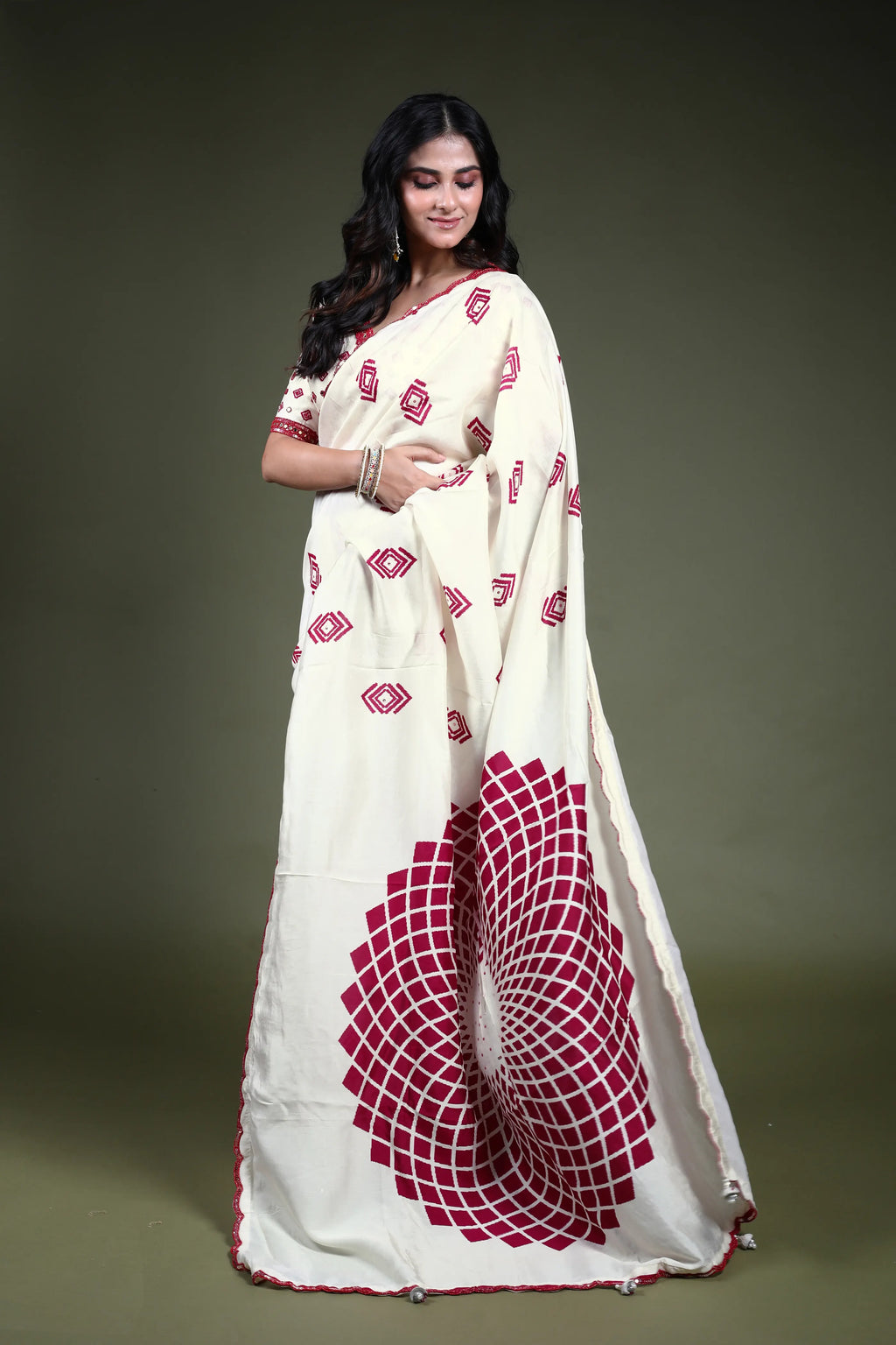 White Blended Tussar Saree Readymade Blouse