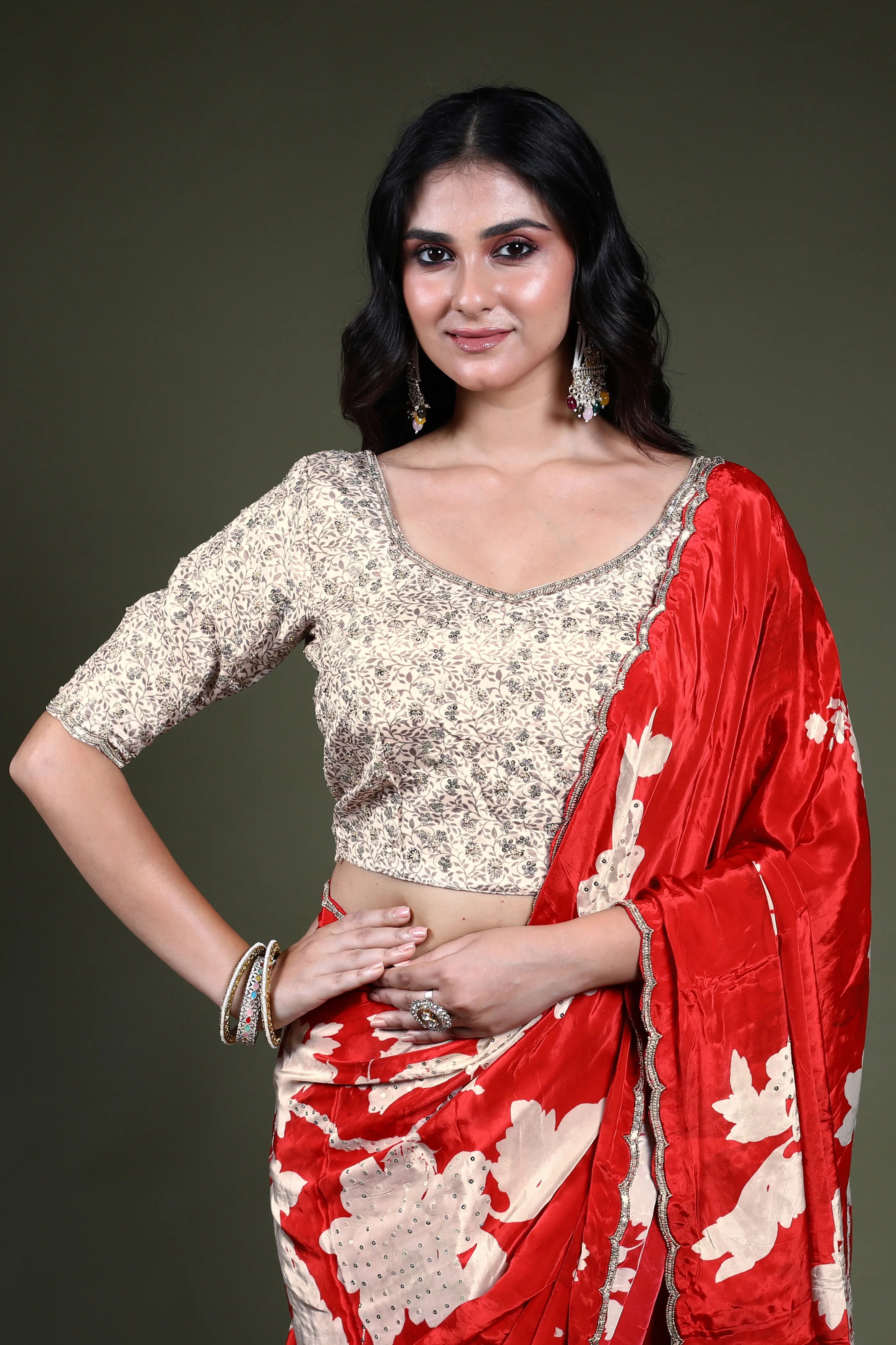 Rust Orange Crepe Satin  Saree Readymade Blouse Piece