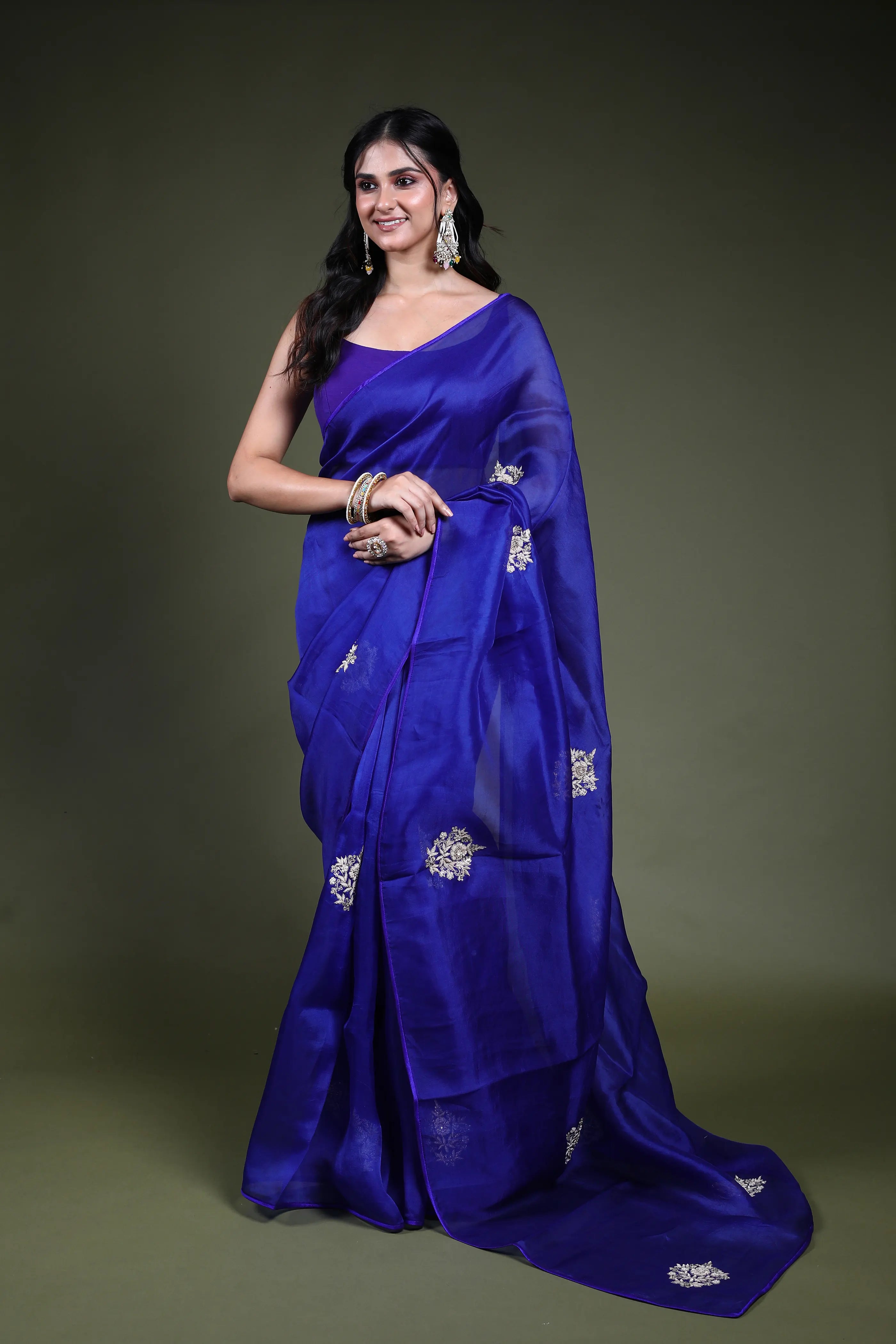 Royal Blue Organza  Saree with Blouse Piece