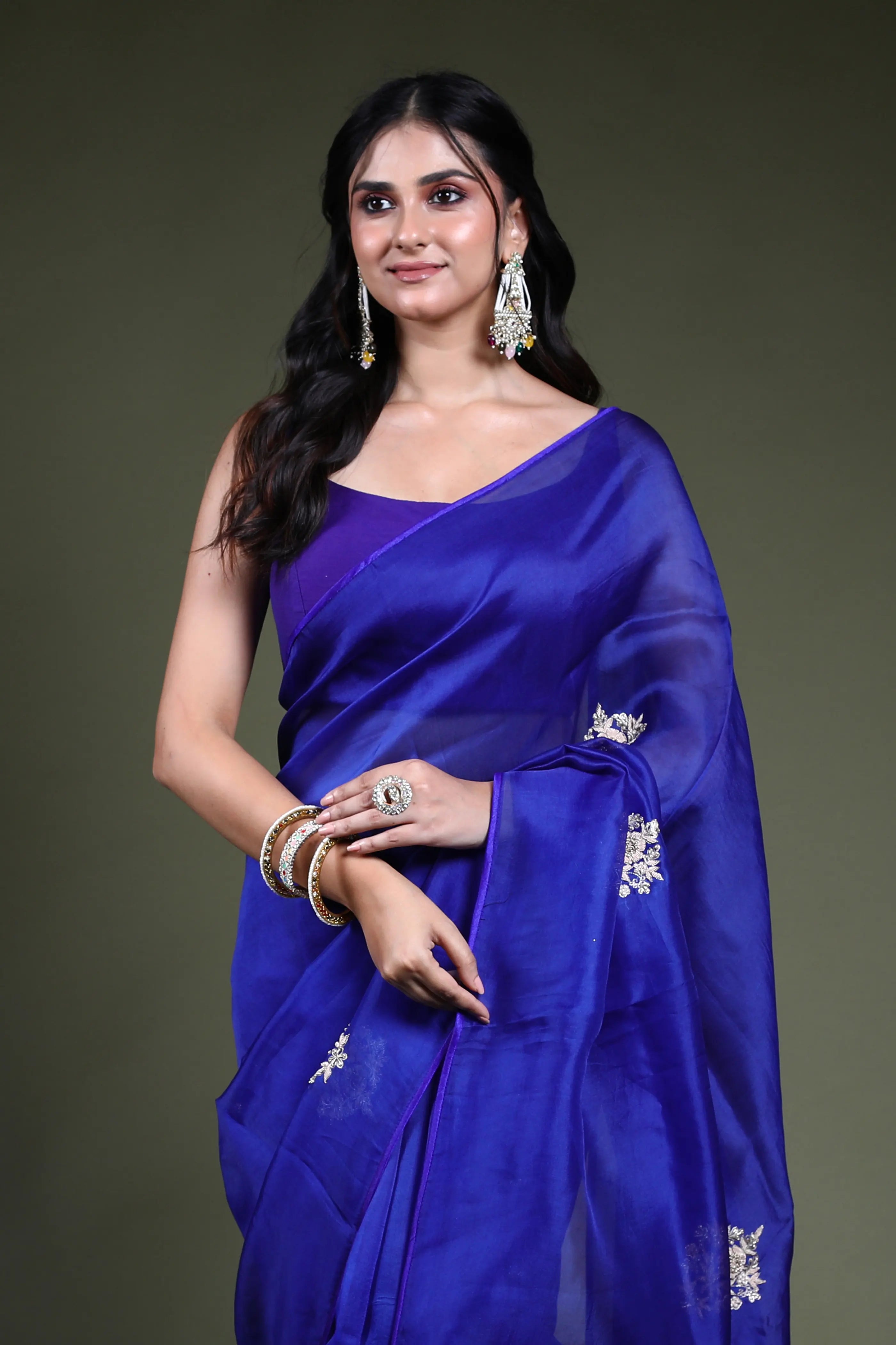Royal Blue Organza  Saree with Blouse Piece