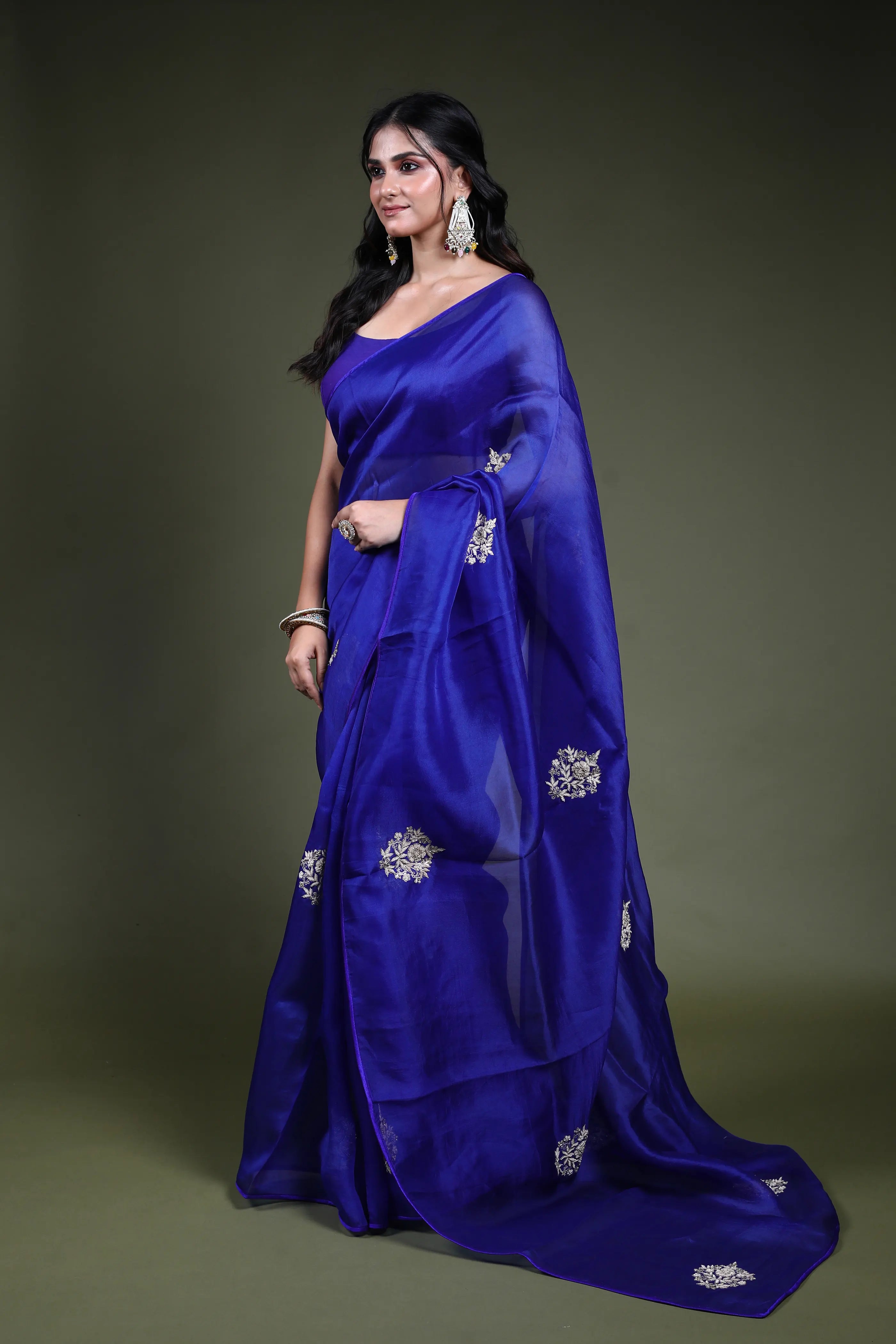 Royal Blue Organza  Saree with Blouse Piece