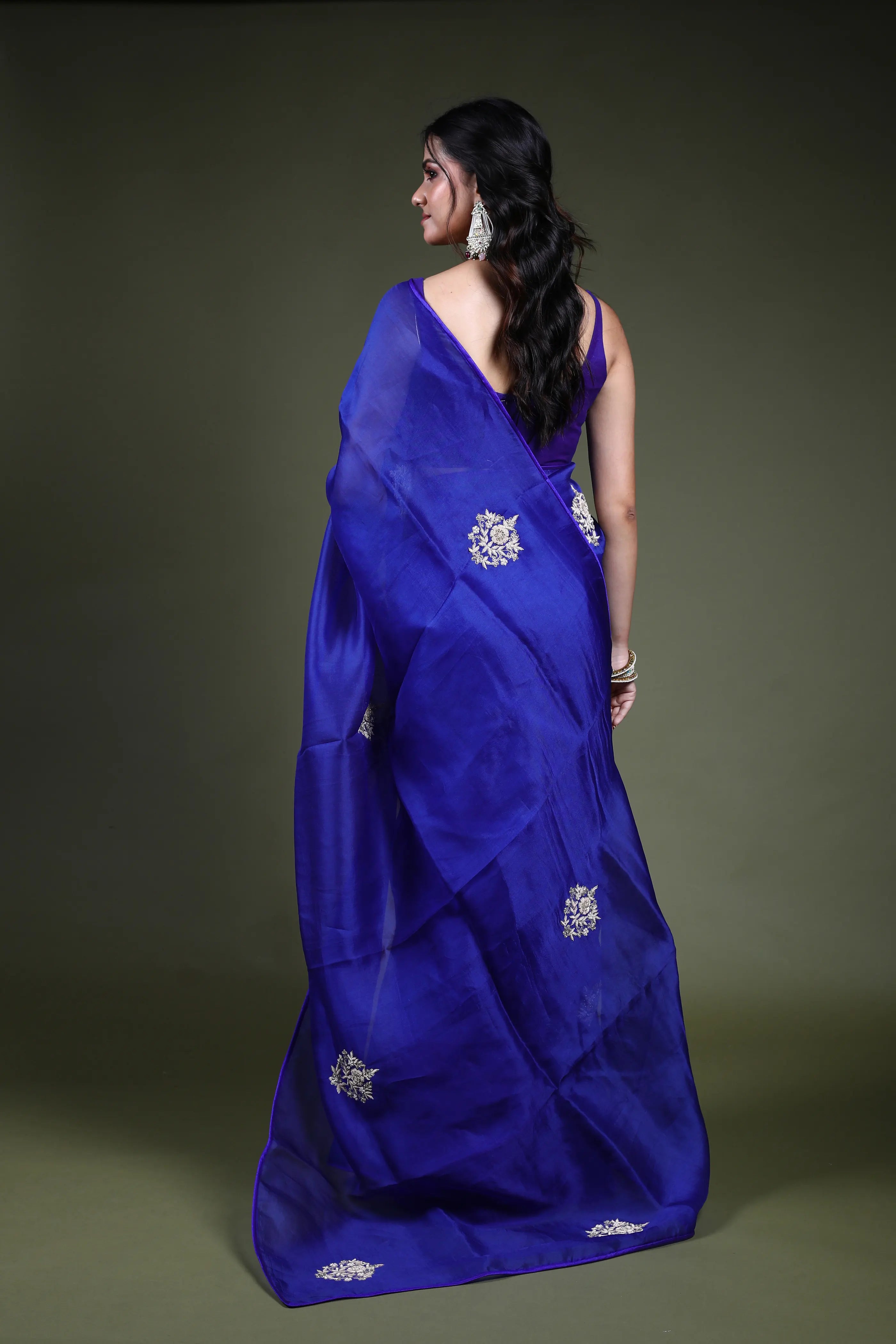 Royal Blue Organza  Saree with Blouse Piece