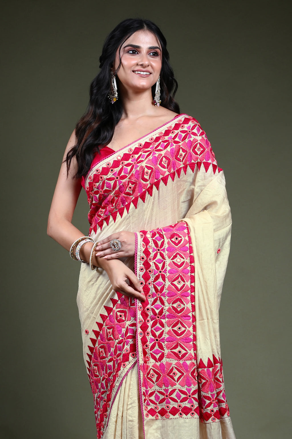 Beige Tussar Kathiyawadi Saree with Blouse Piece