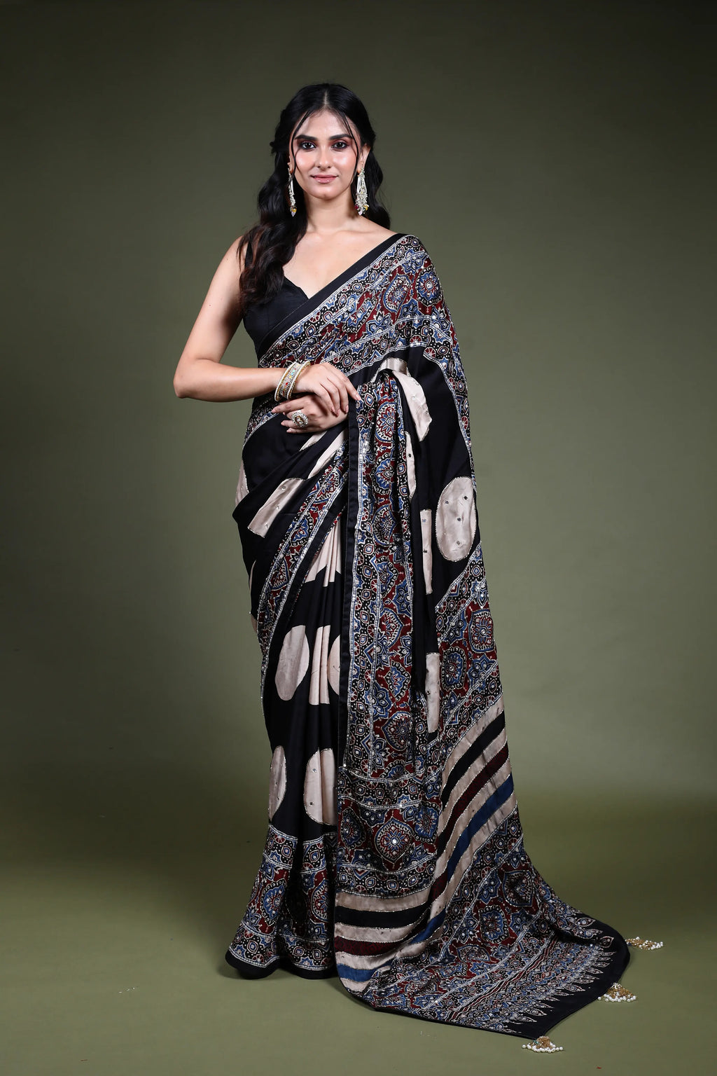 Black Crepe Satin Aajrakh Saree with Blouse Piece