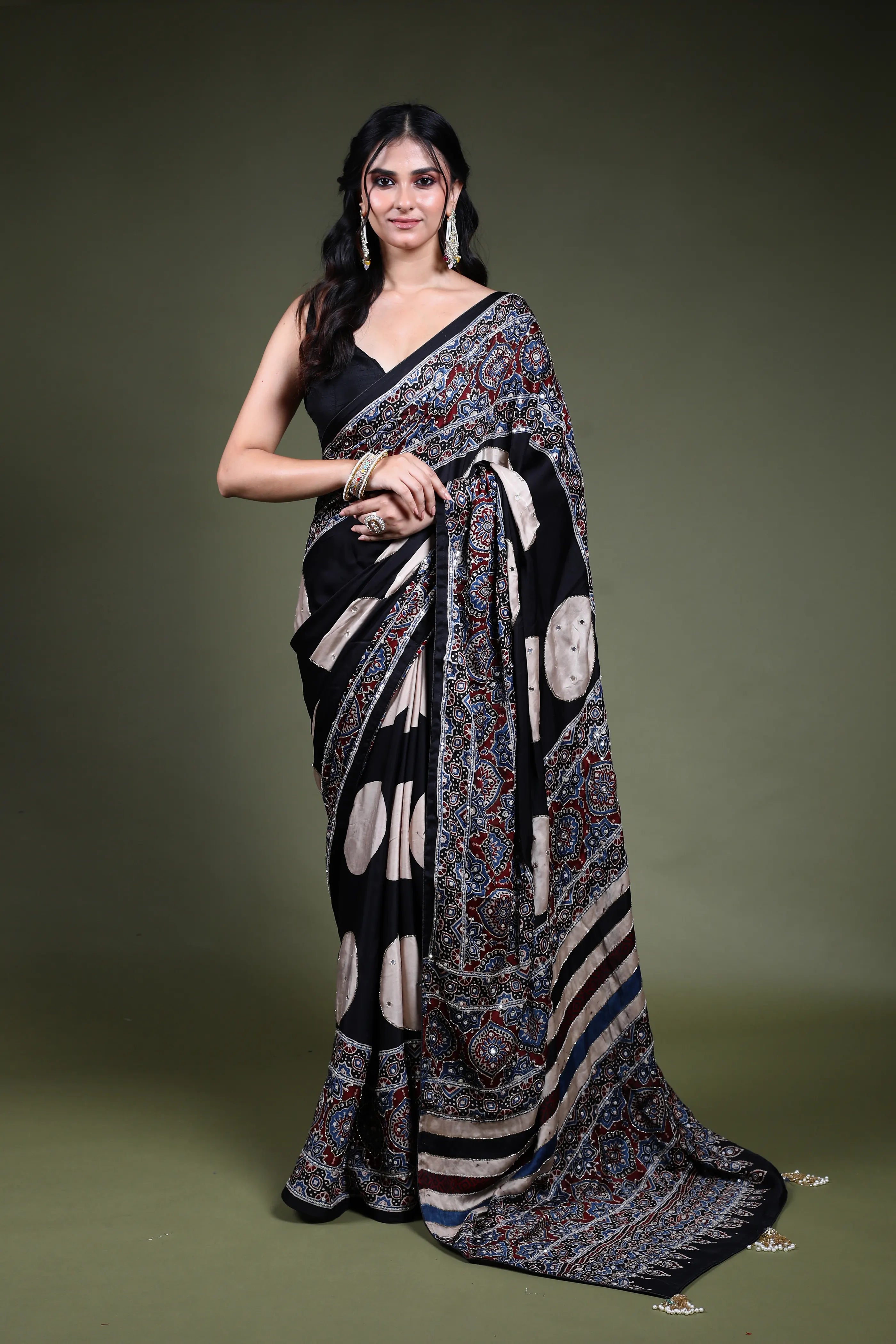 Black Crepe Satin Aajrakh Saree with Blouse Piece