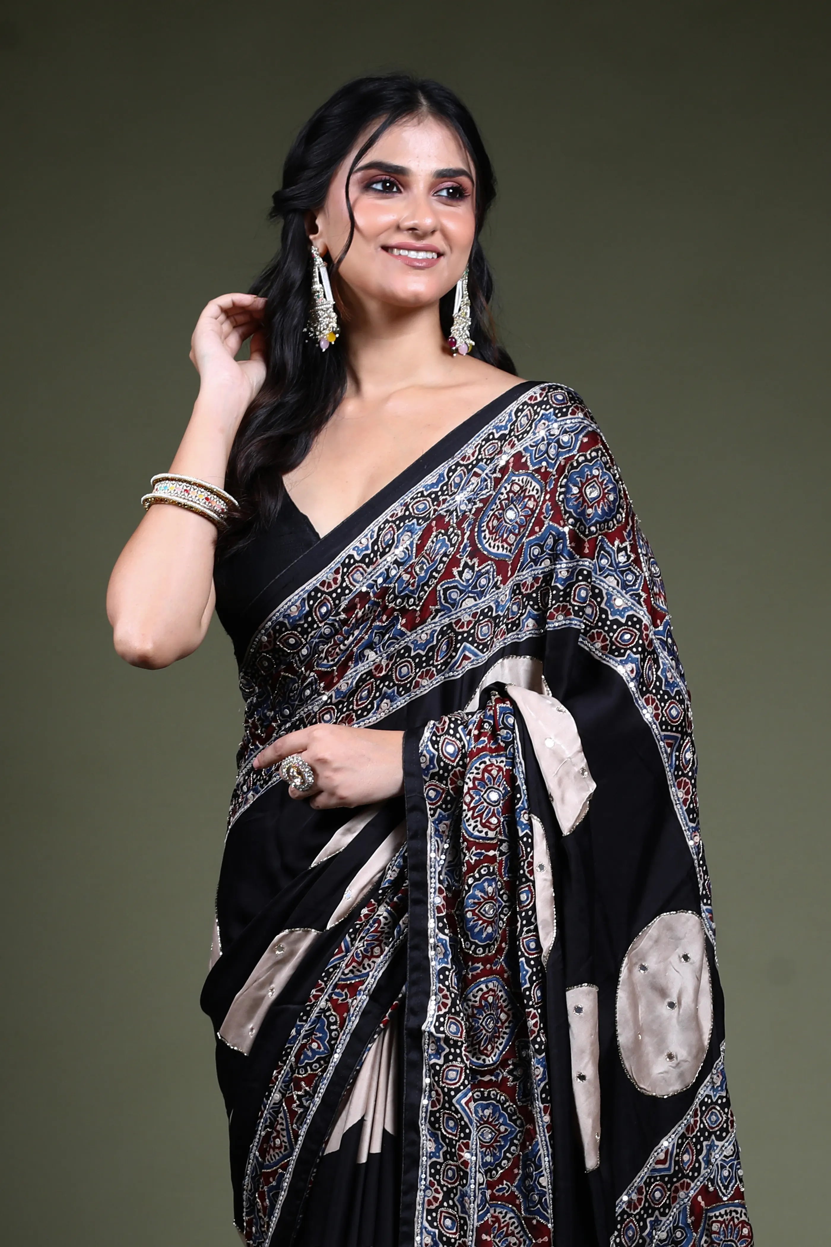 Black Crepe Satin Aajrakh Saree with Blouse Piece