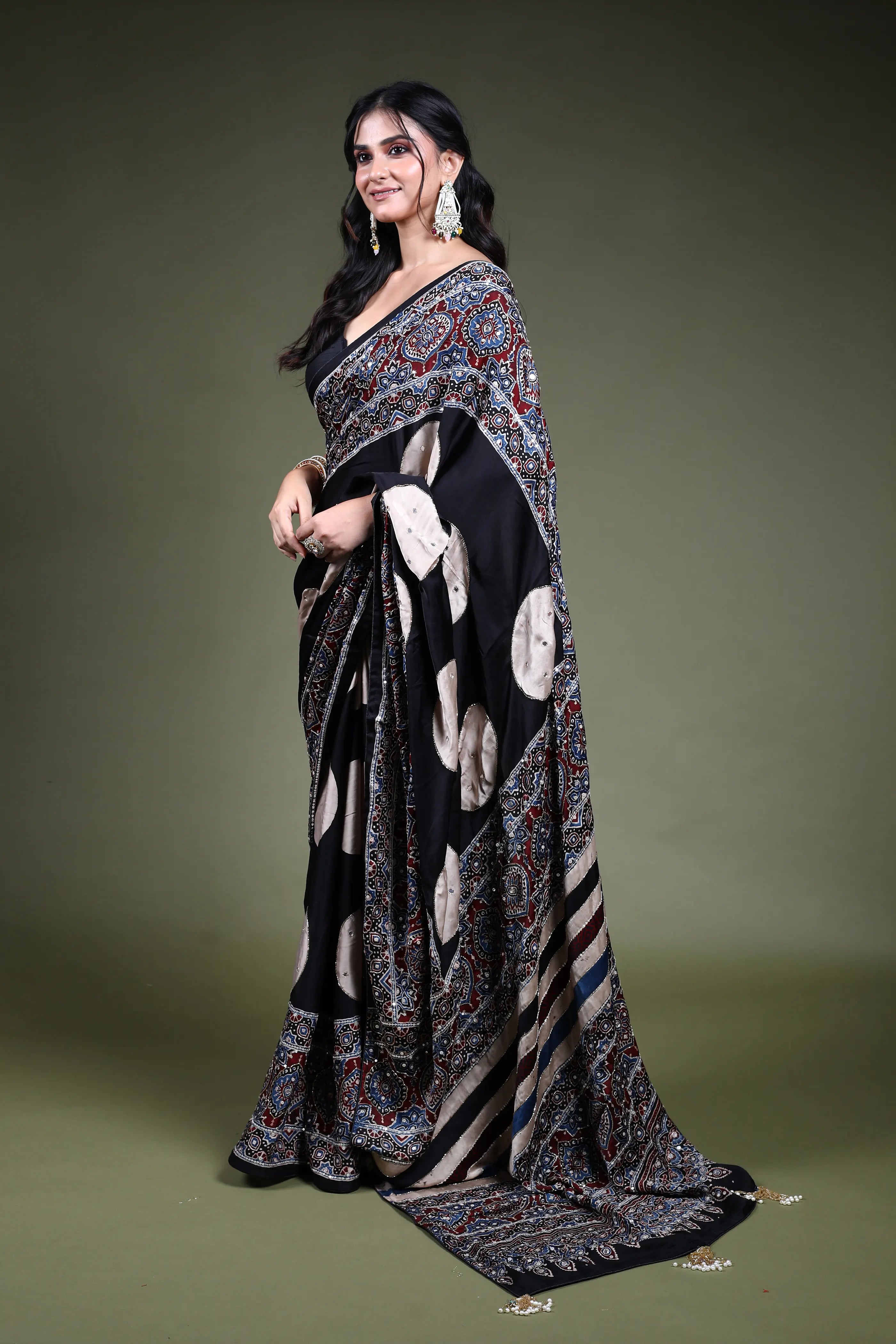 Black Crepe Satin Aajrakh Saree with Blouse Piece