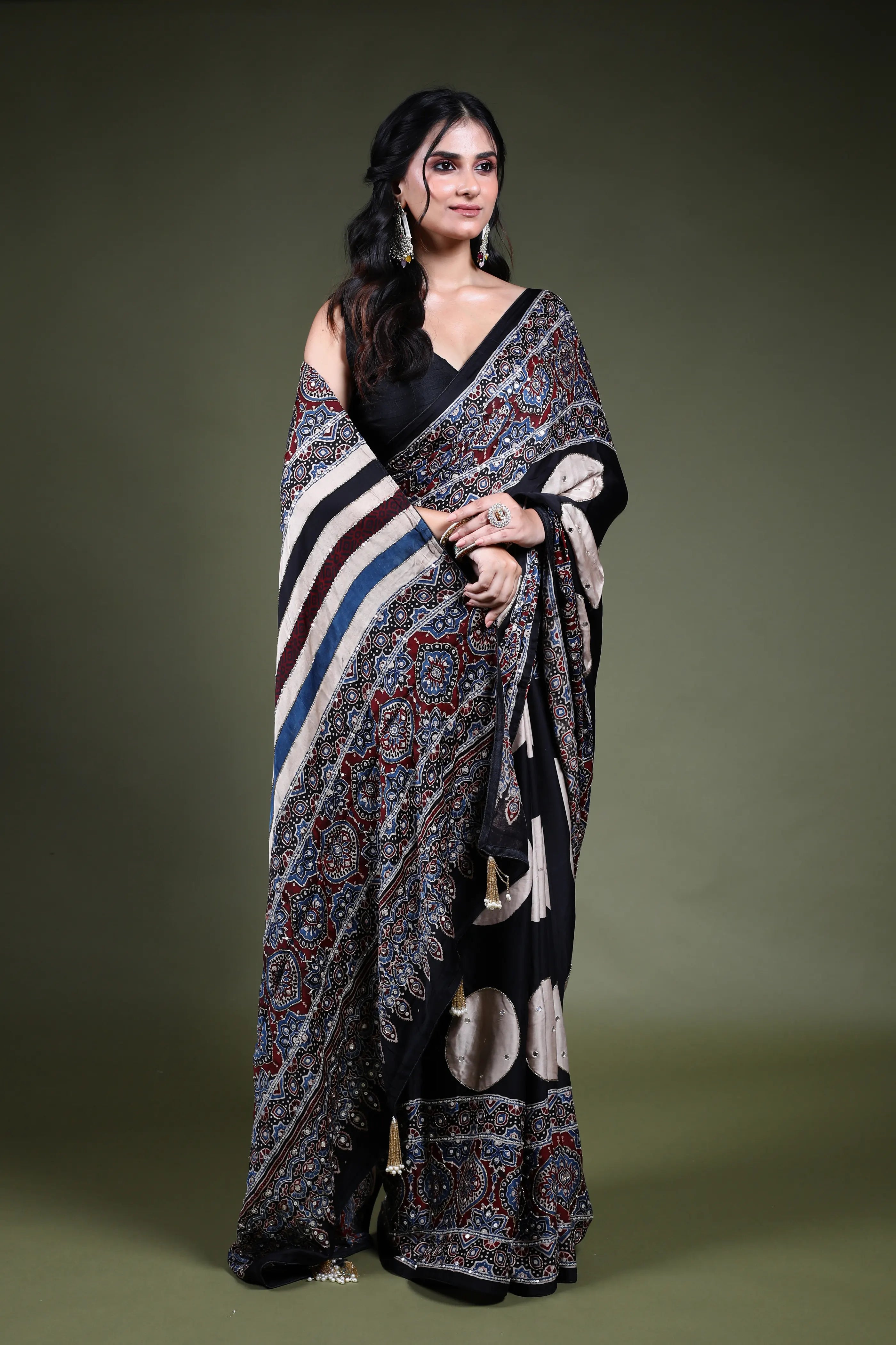 Black Crepe Satin Aajrakh Saree with Blouse Piece