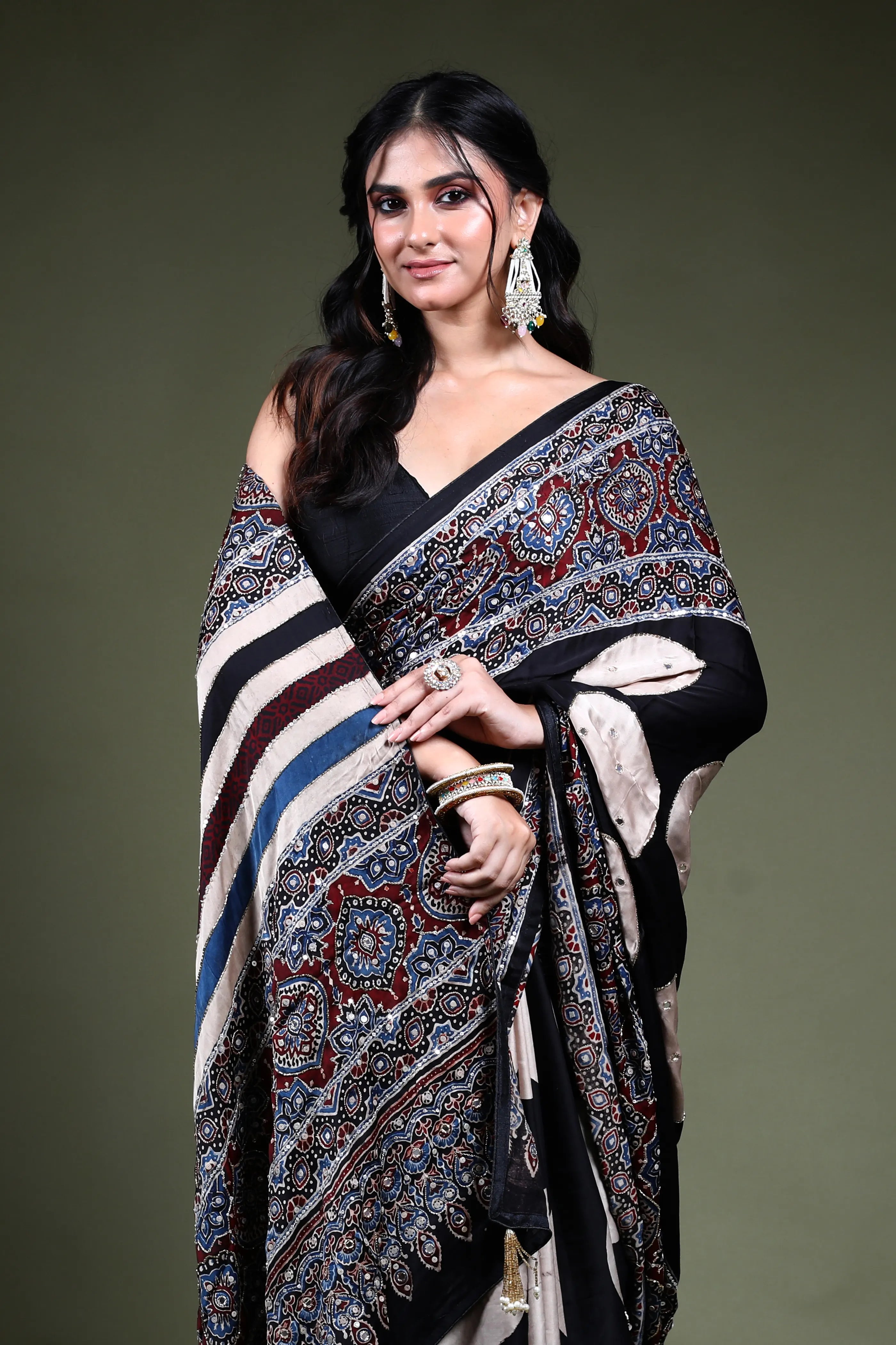 Black Crepe Satin Aajrakh Saree with Blouse Piece