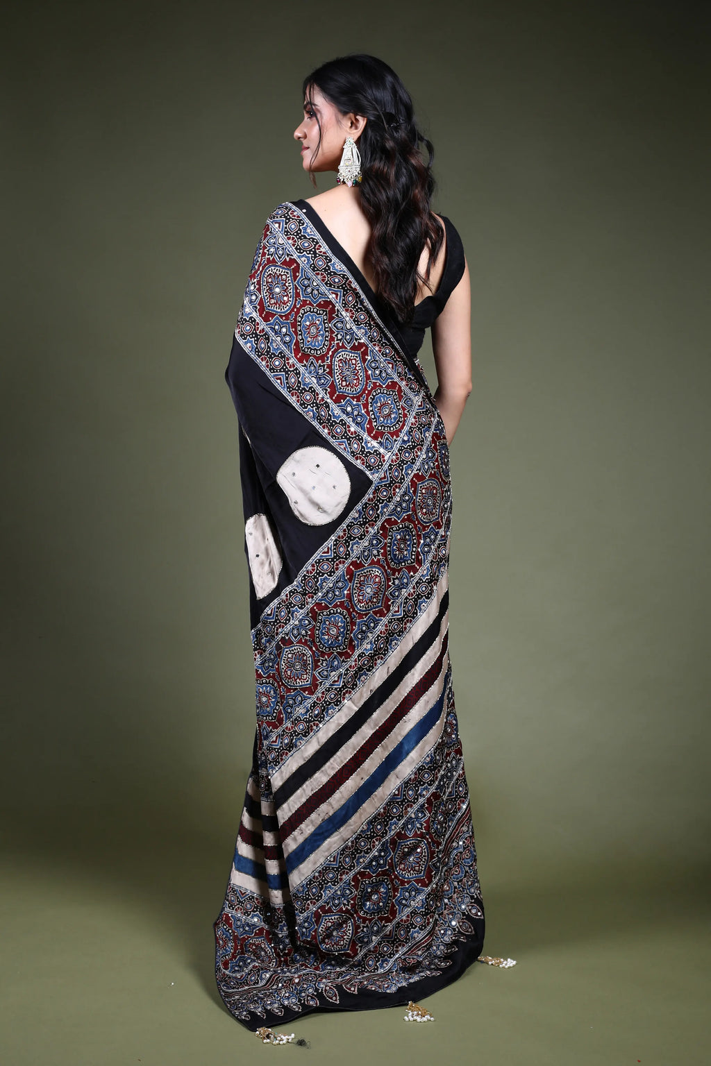 Black Crepe Satin Aajrakh Saree with Blouse Piece
