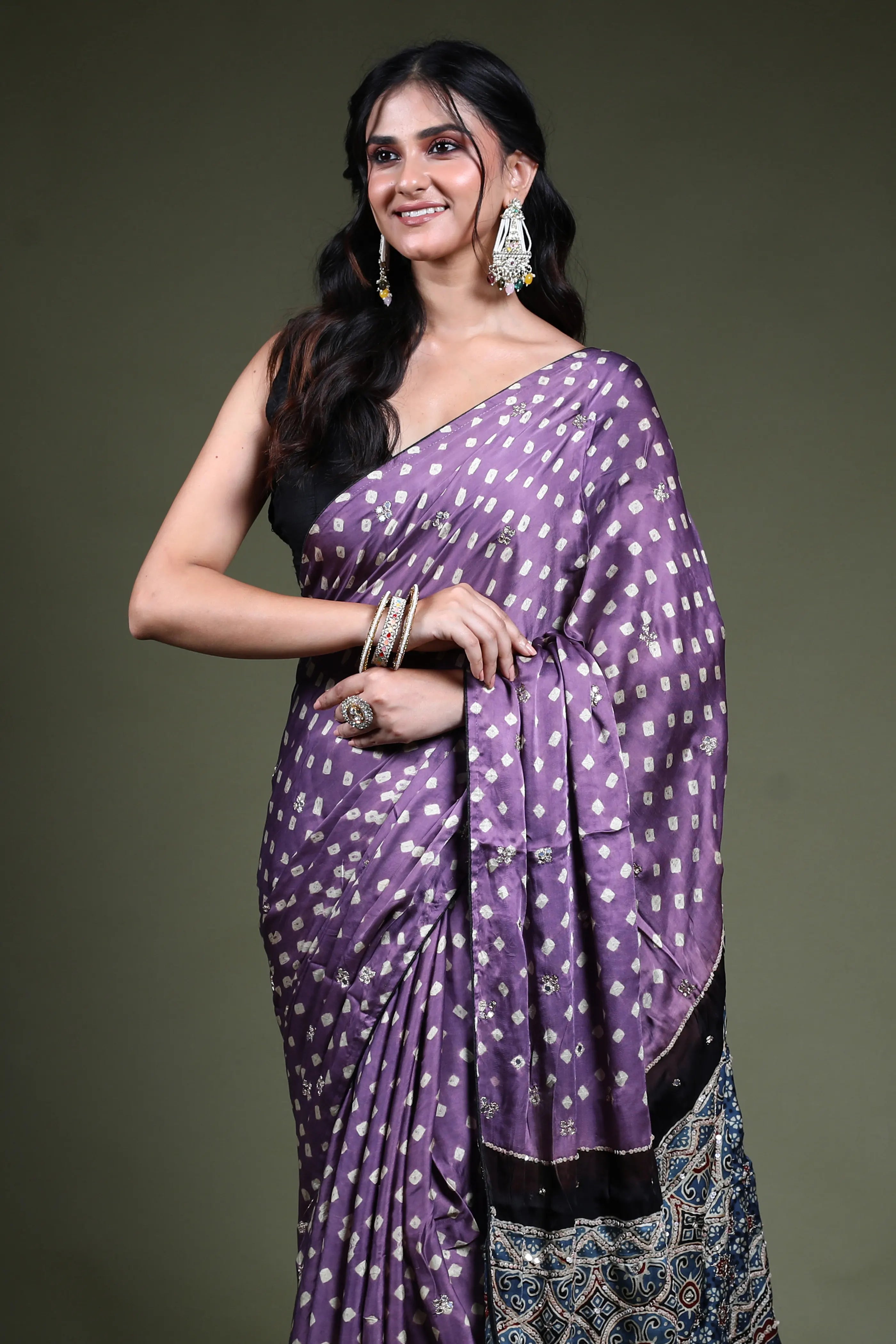 Lavenda Crepe Satin Aajrak Saree with Blouse Piece