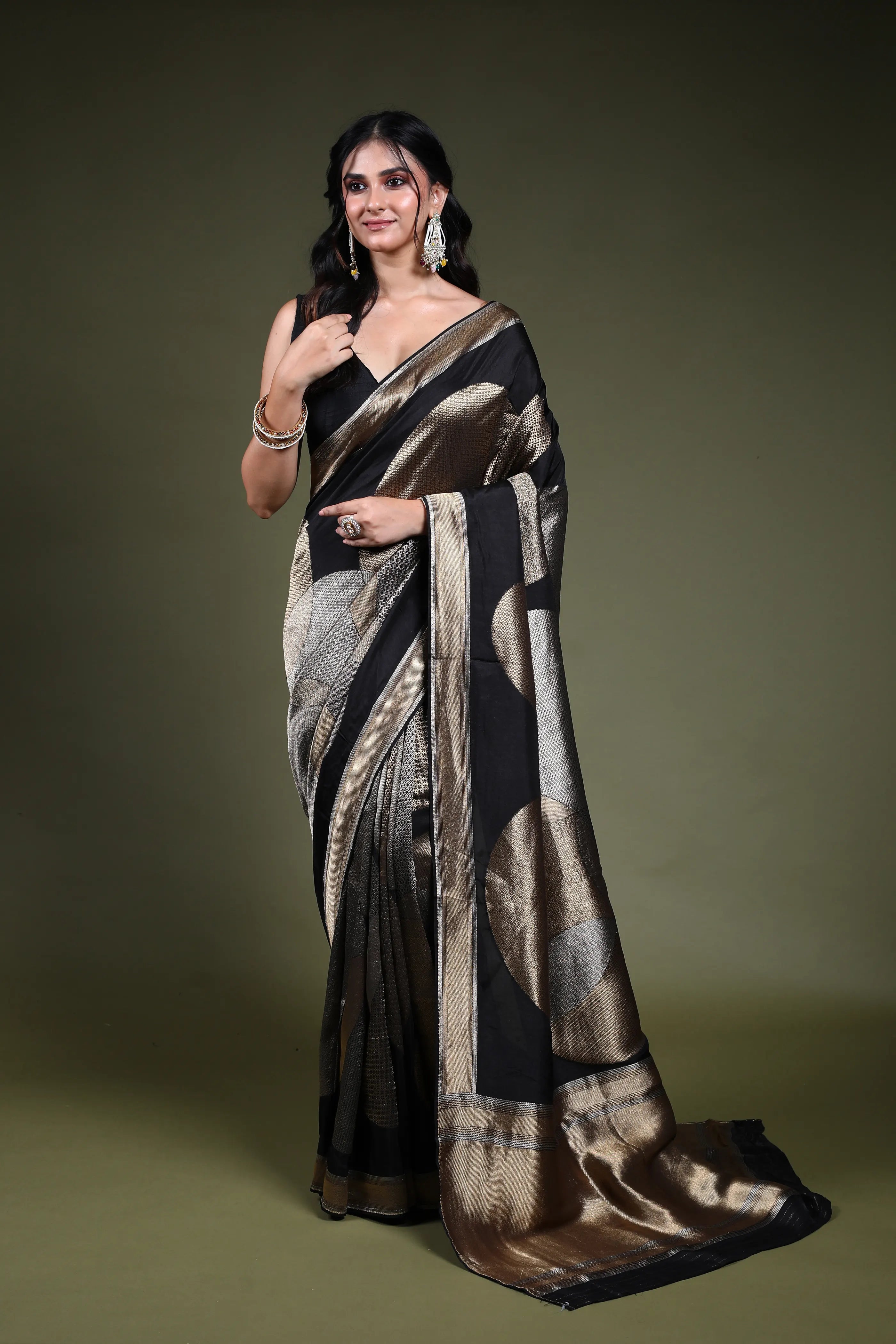 Black Blended Mashru Saree with Blouse Piece