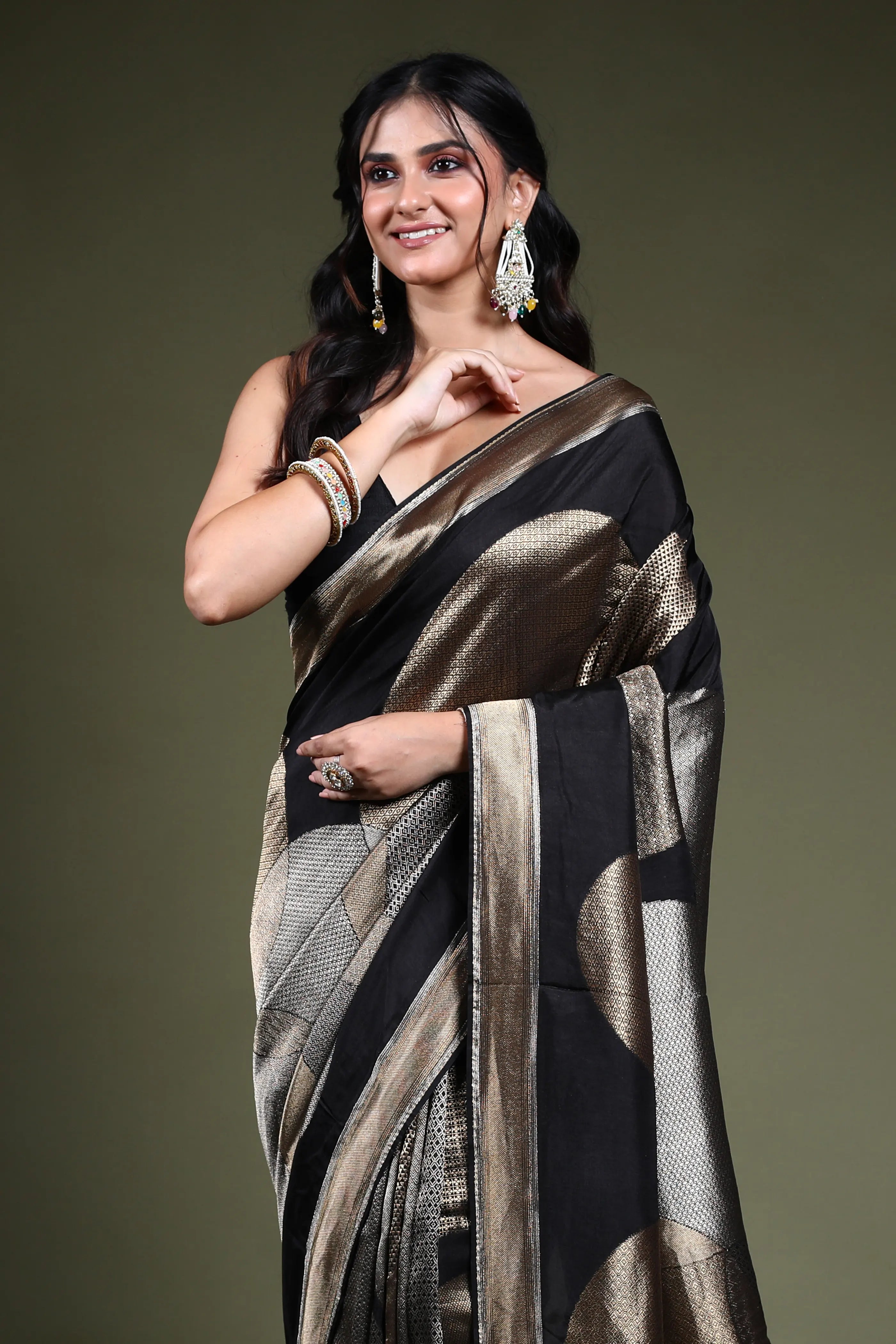 Black Blended Mashru Saree with Blouse Piece
