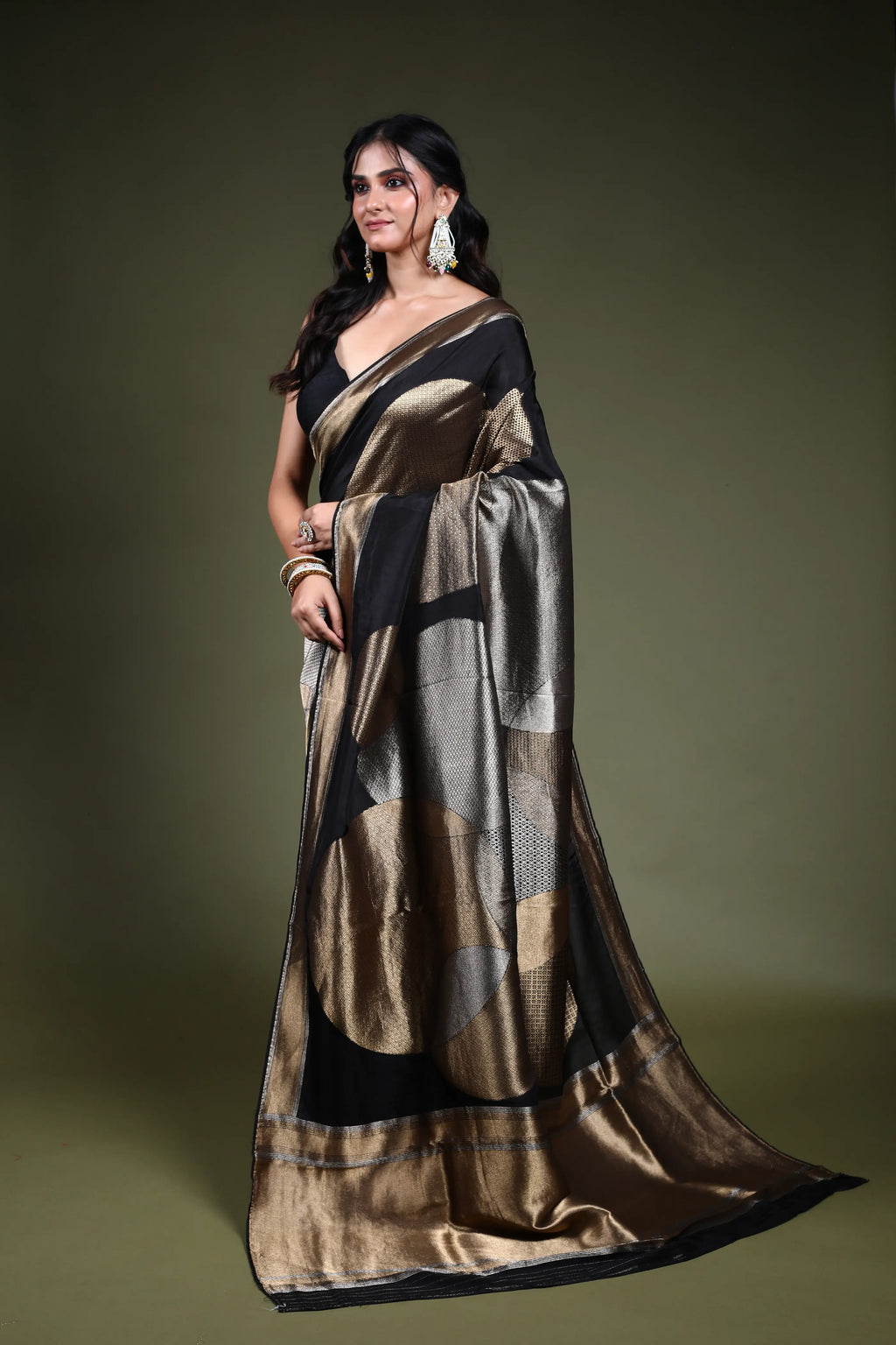 Black Blended Mashru Saree with Blouse Piece