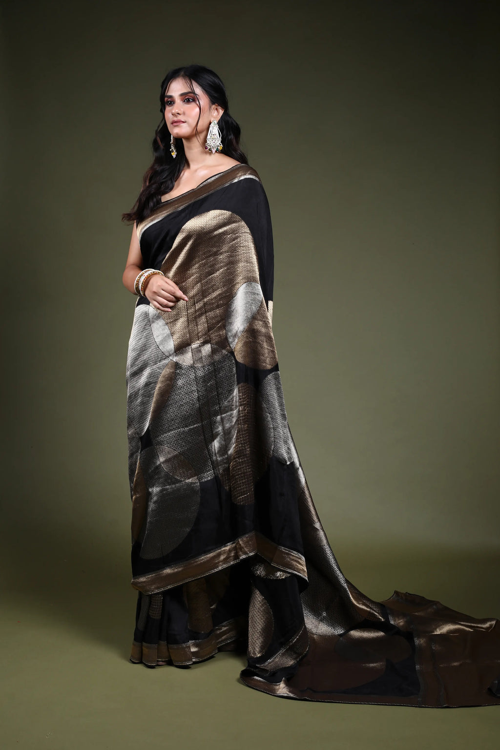 Black Blended Mashru Saree with Blouse Piece