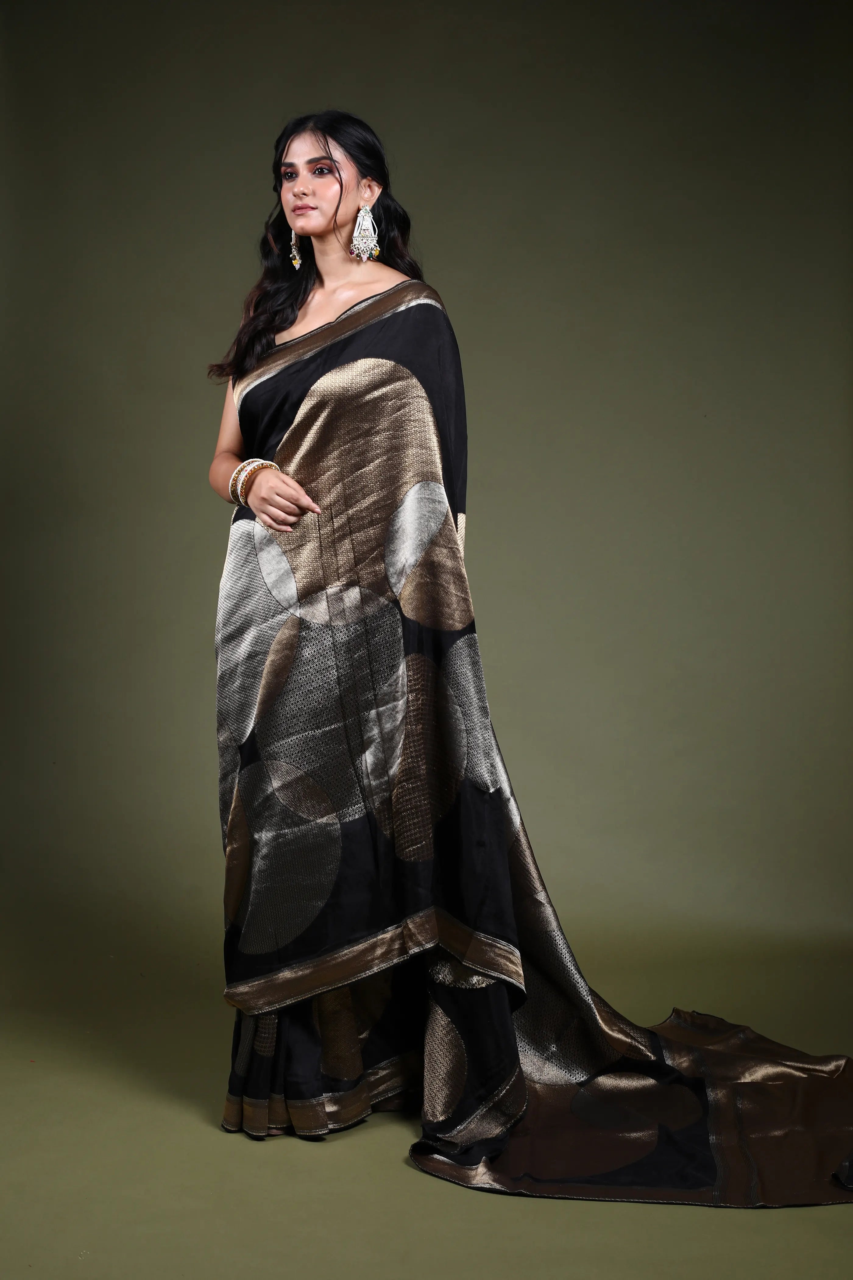 Black Blended Mashru Saree with Blouse Piece