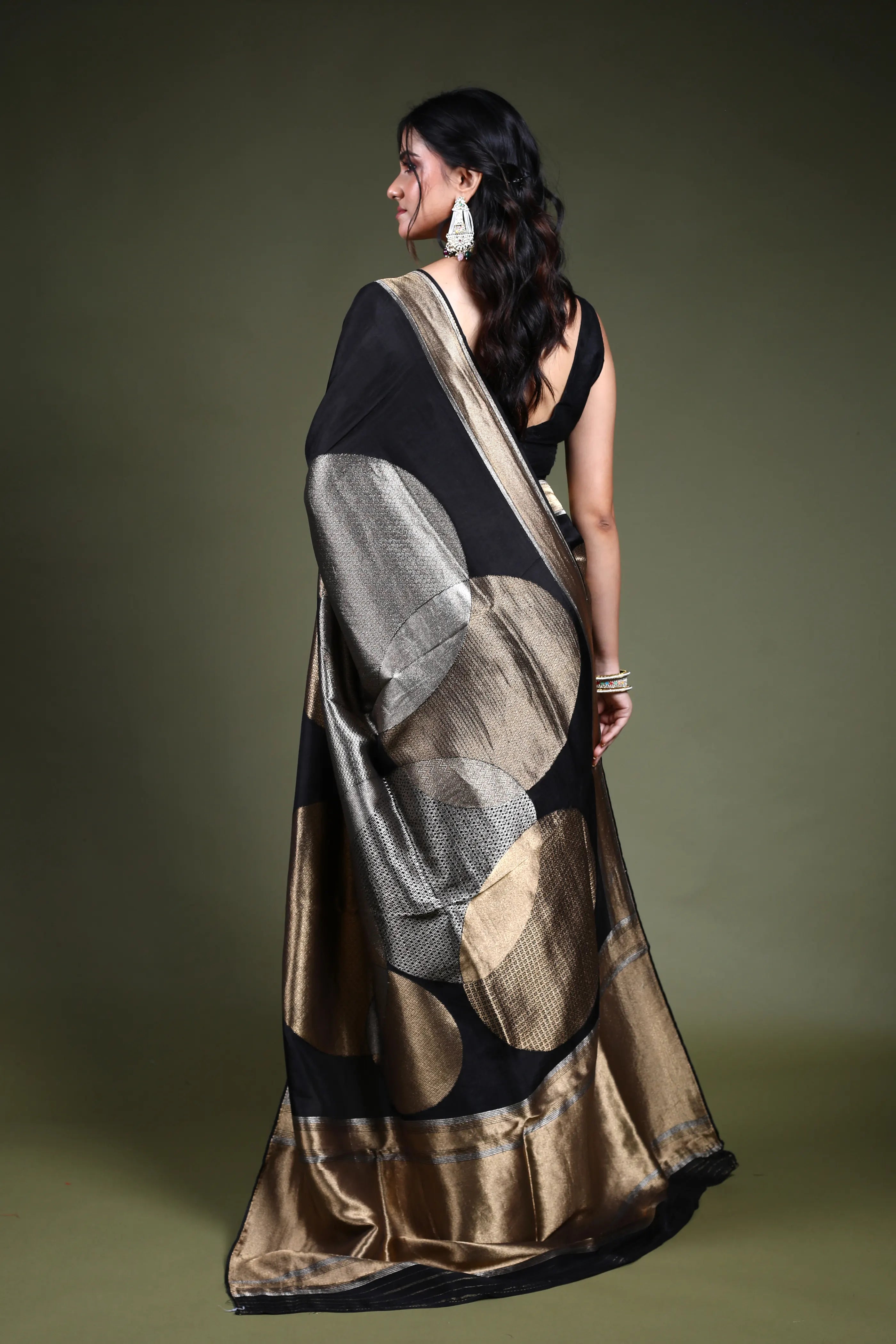 Black Blended Mashru Saree with Blouse Piece
