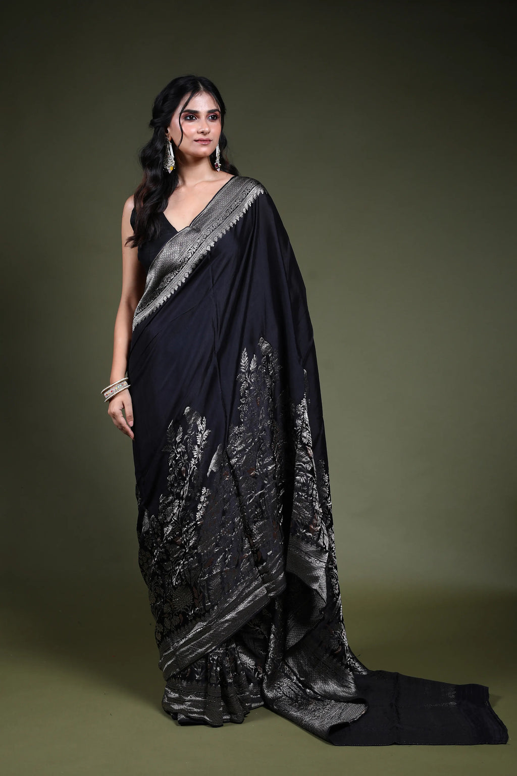 Black Blended Mashru Saree with Blouse Piece