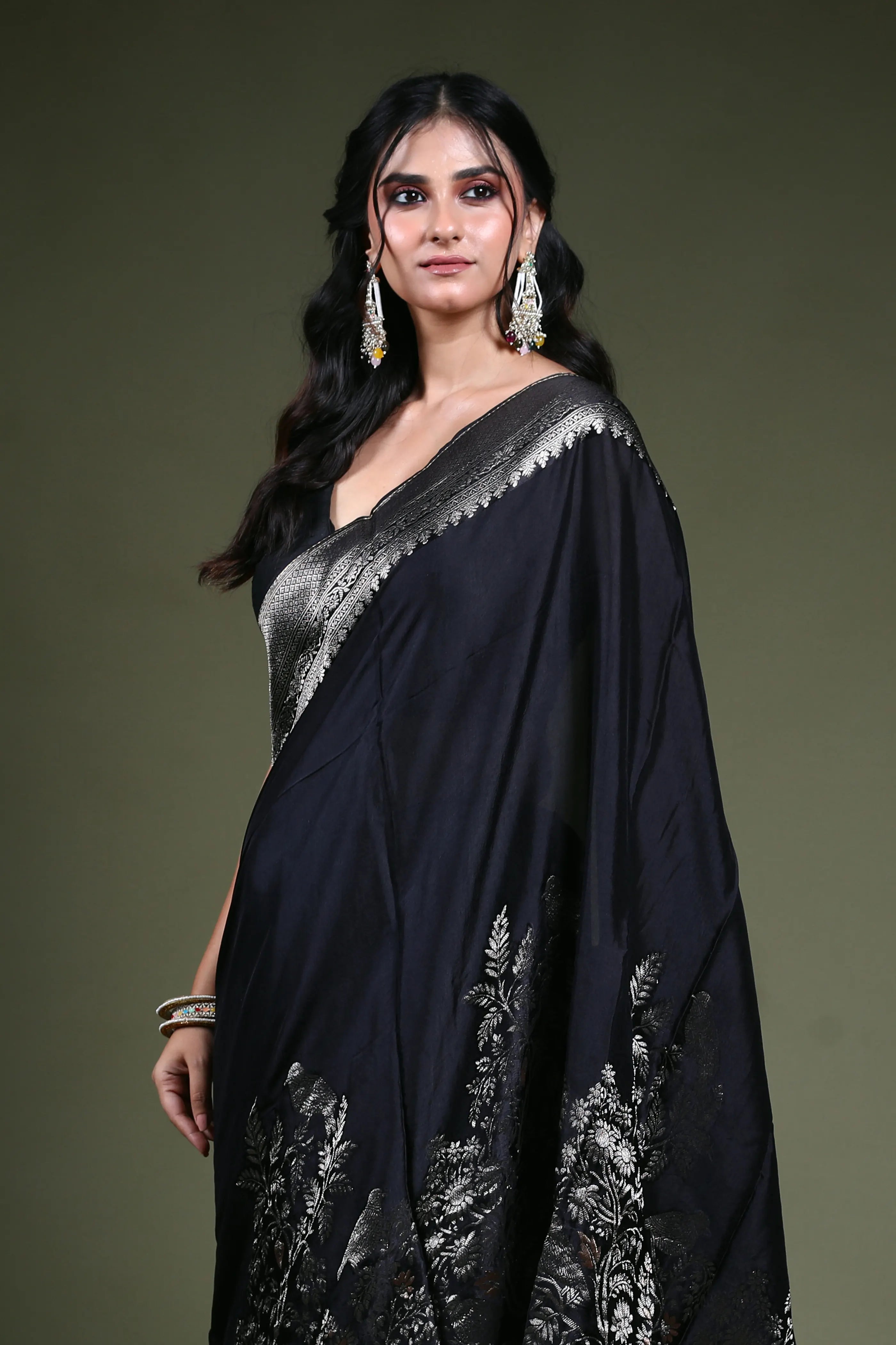 Black Blended Mashru Saree with Blouse Piece
