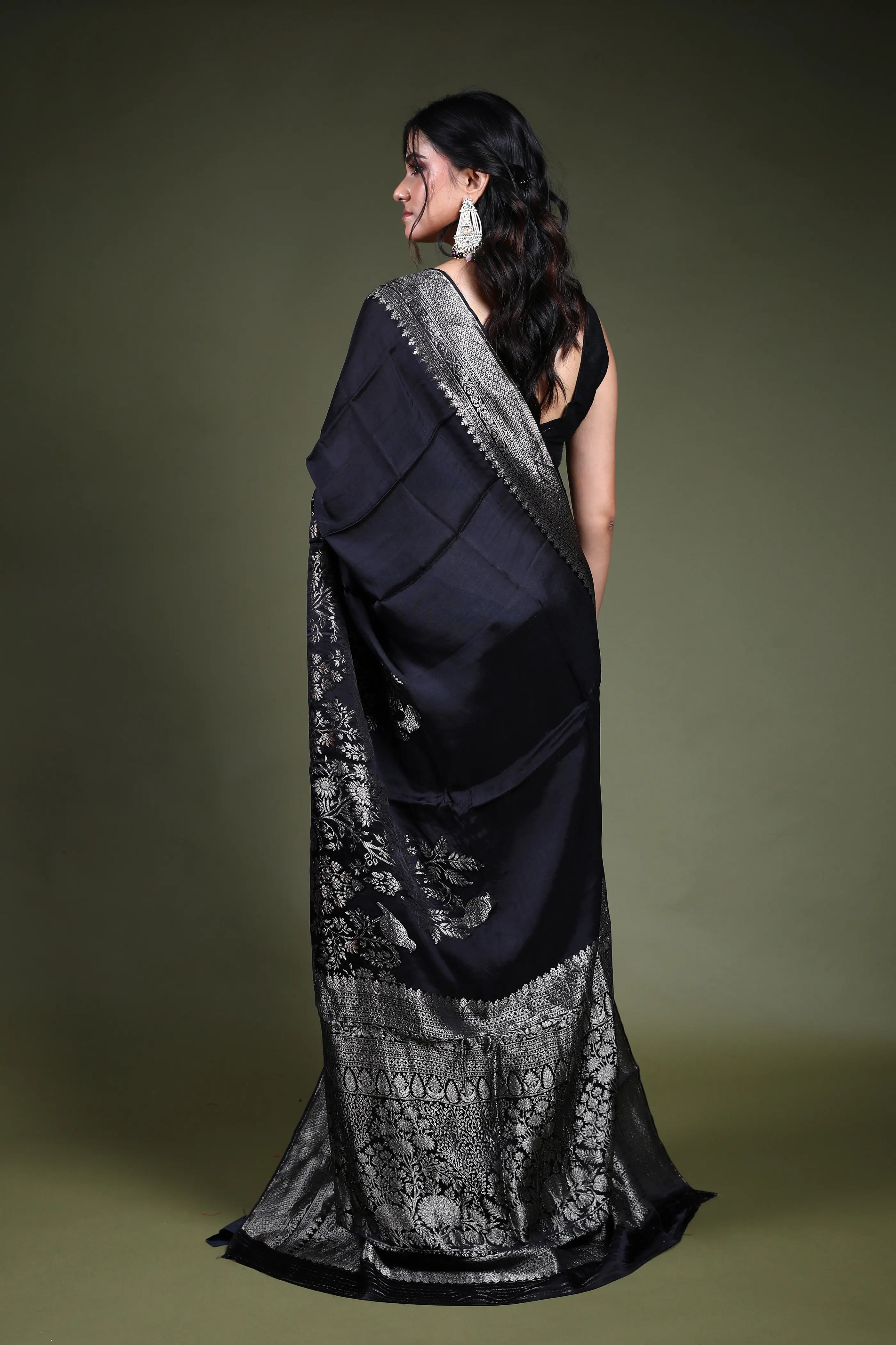 Black Blended Mashru Saree with Blouse Piece