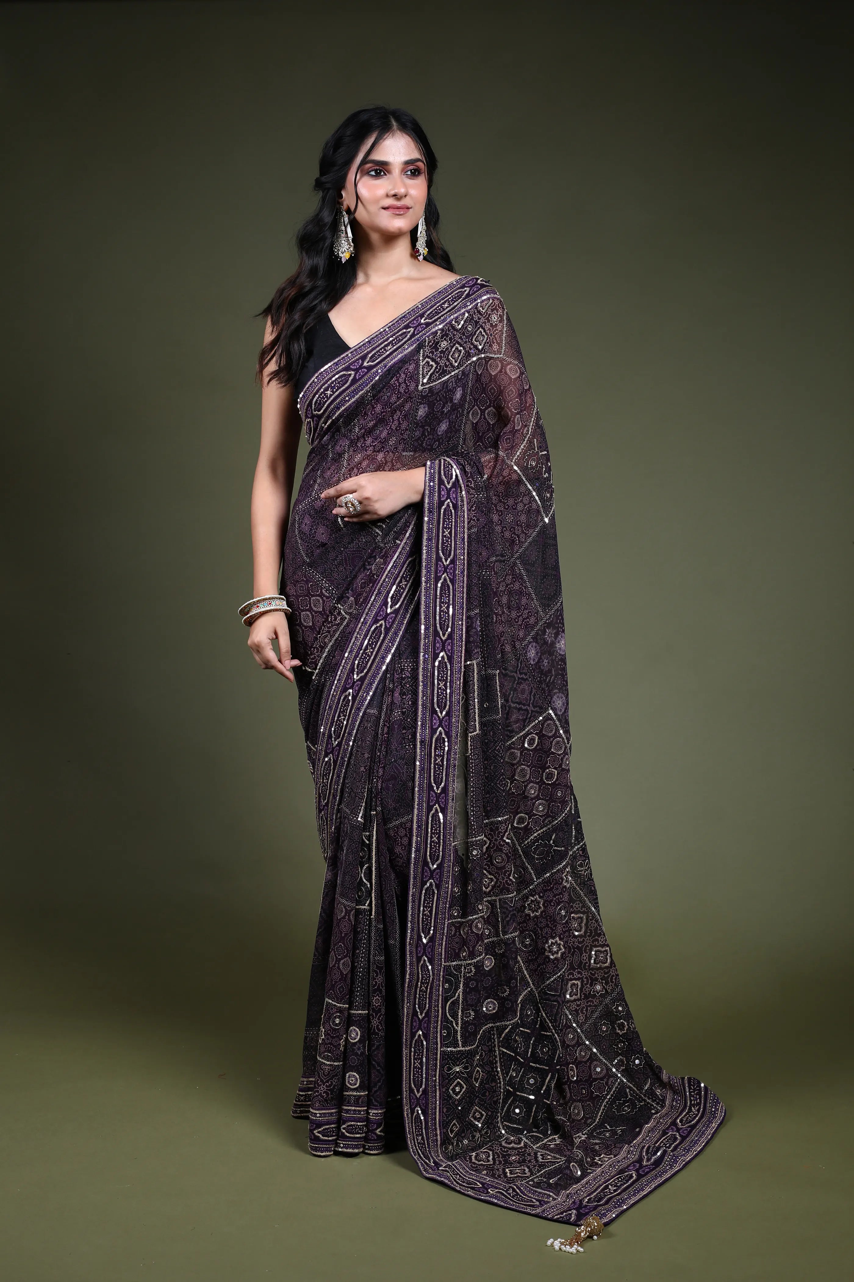 Dark Purple Georgette Saree with Blouse Piece