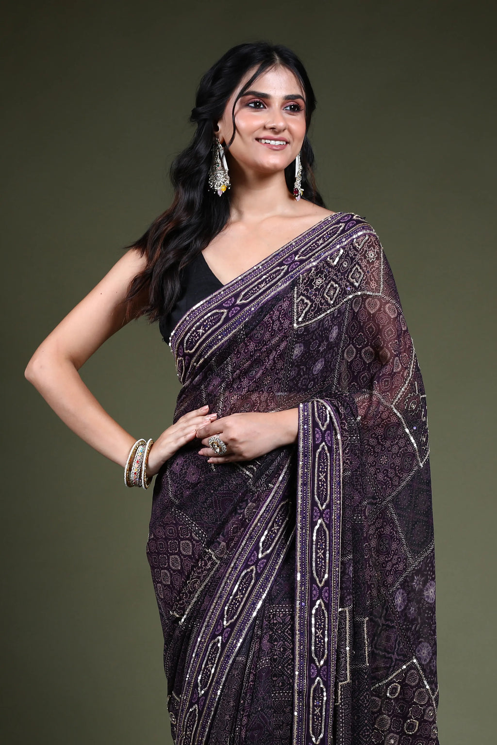 Dark Purple Georgette Saree with Blouse Piece