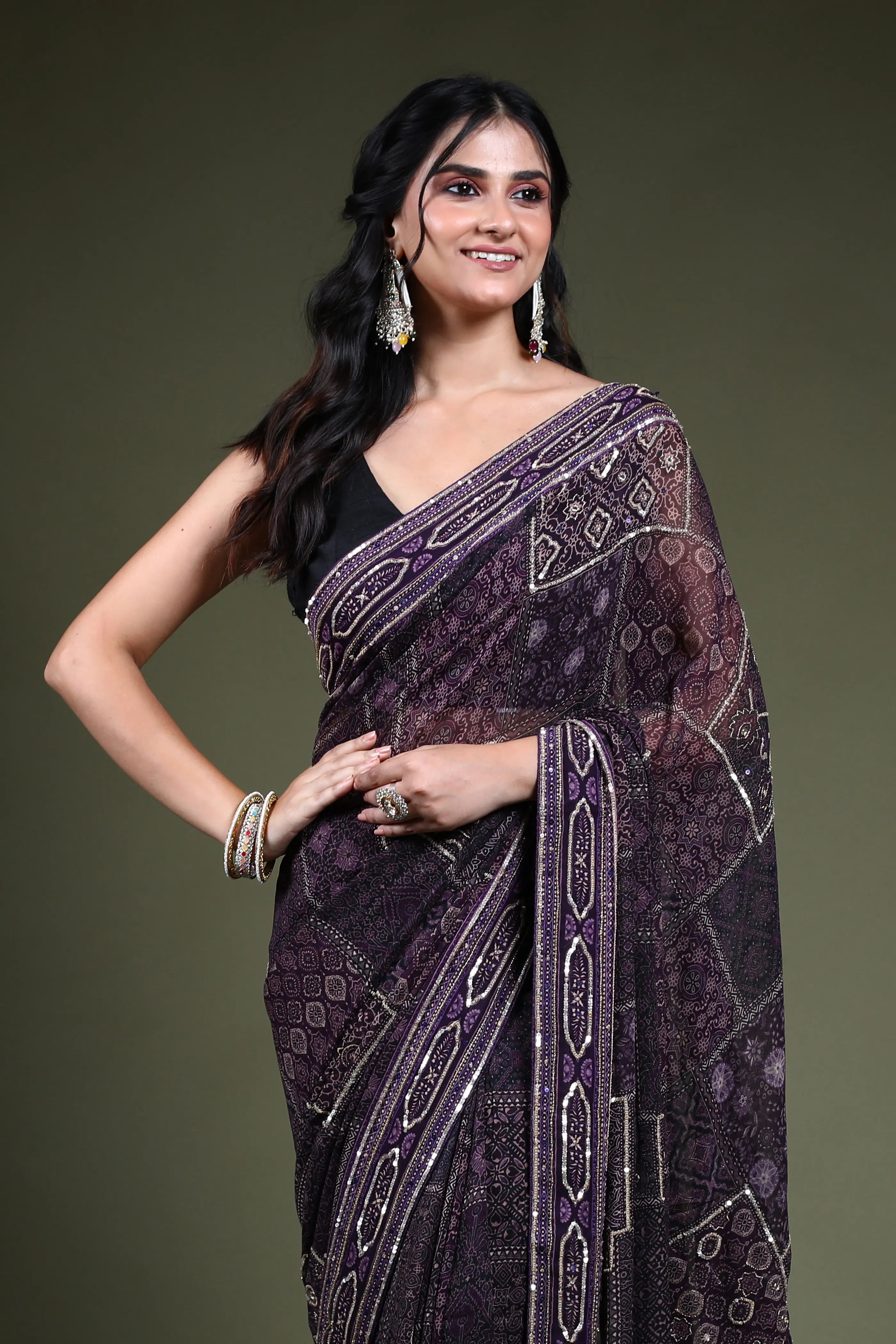 Dark Purple Georgette Saree with Blouse Piece
