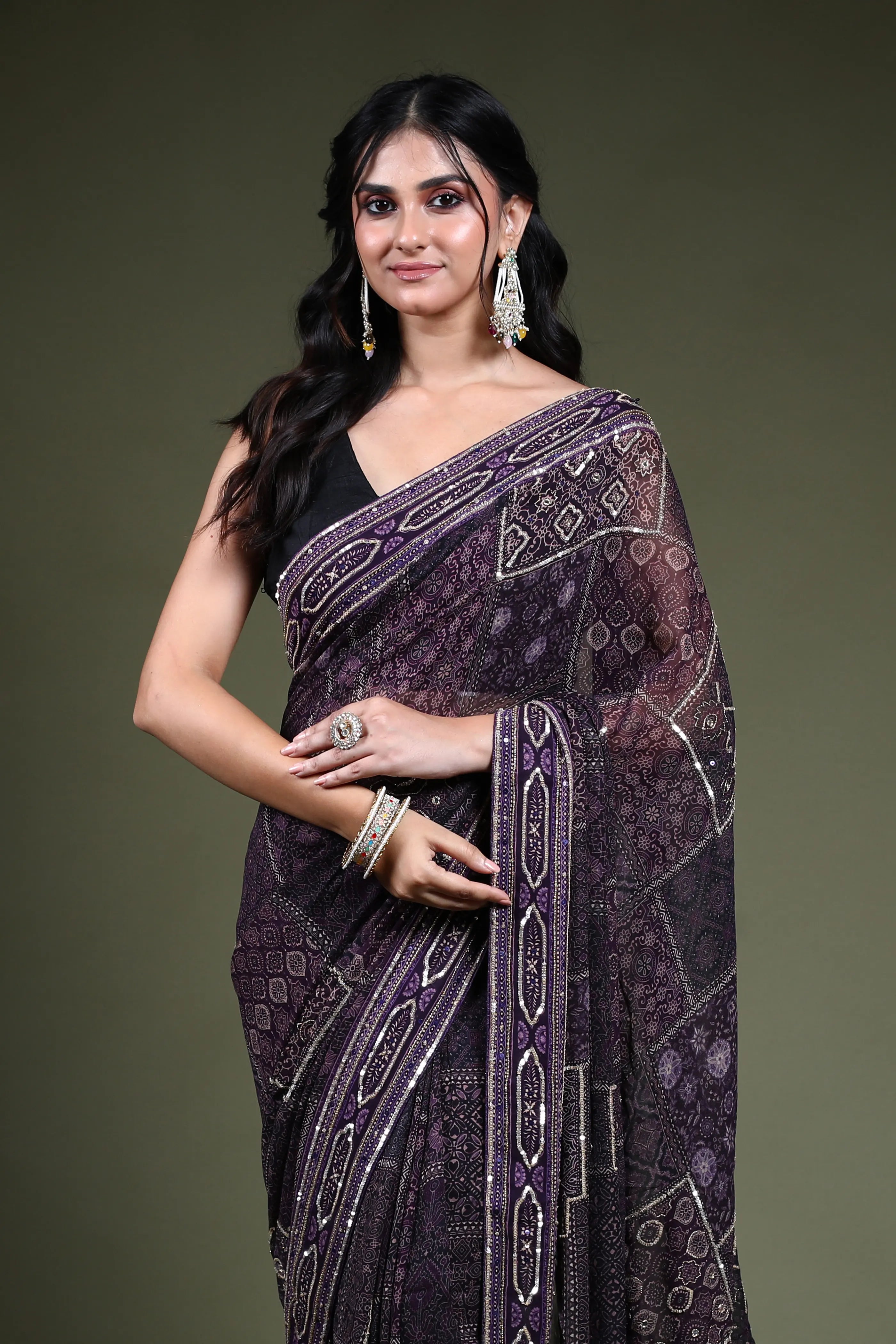 Dark Purple Georgette Saree with Blouse Piece