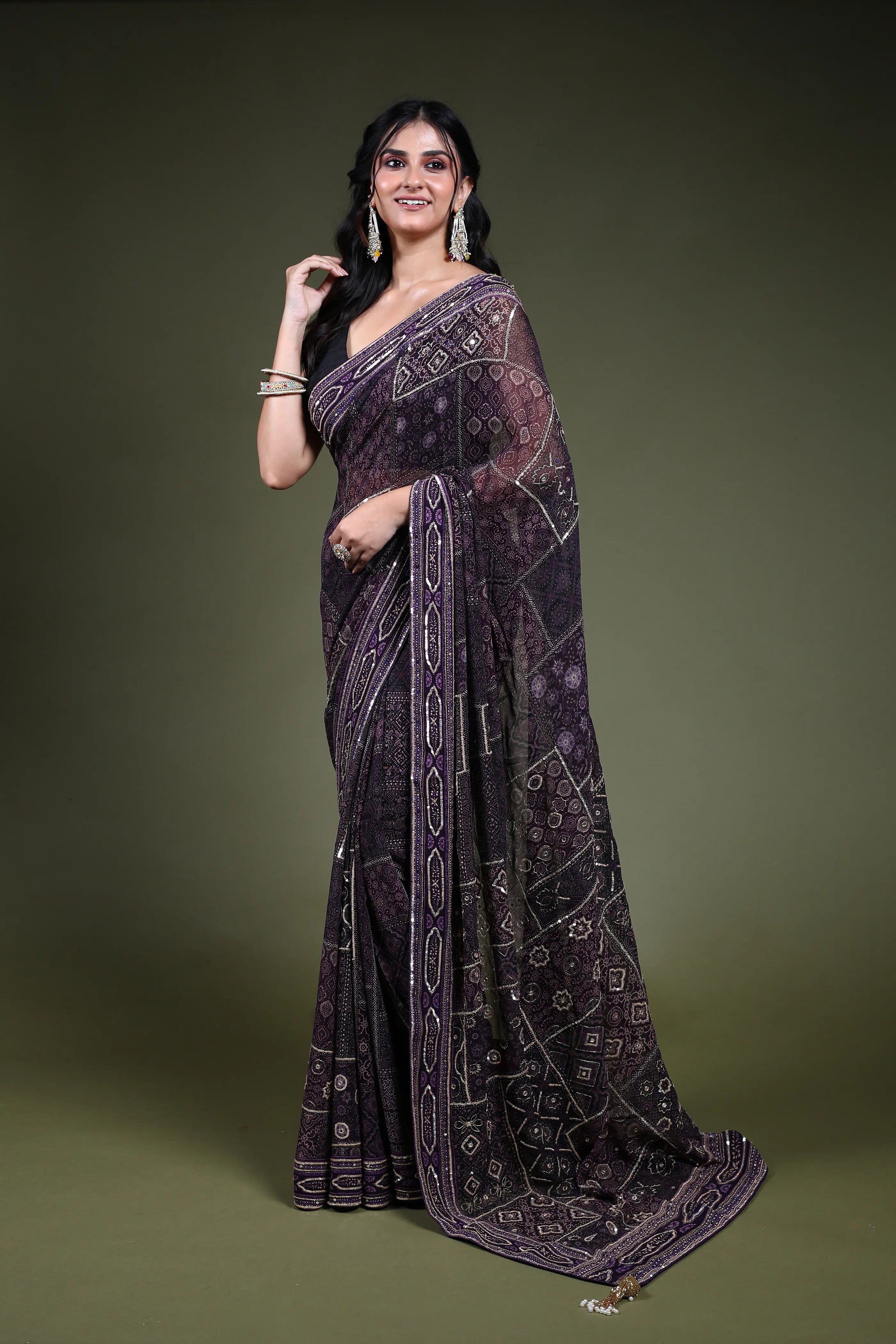 Dark Purple Georgette Saree with Blouse Piece