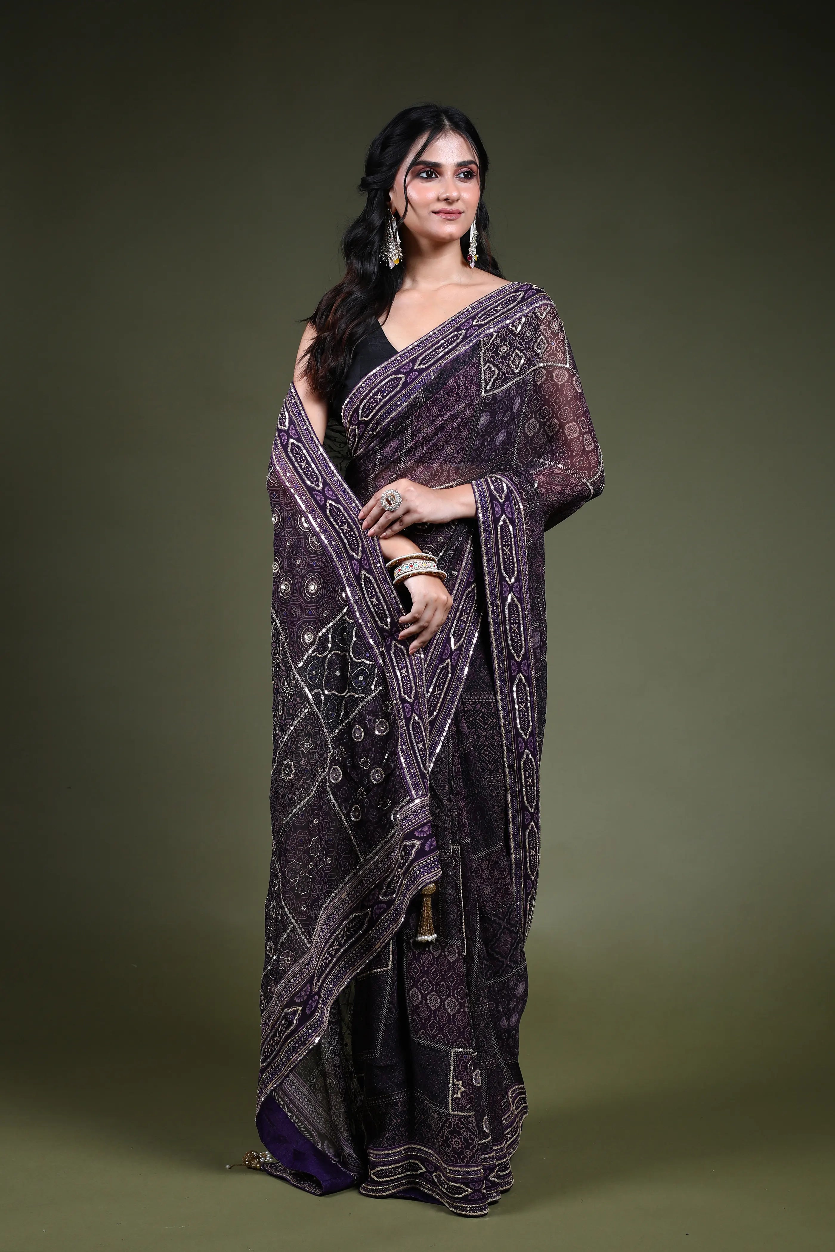 Dark Purple Georgette Saree with Blouse Piece