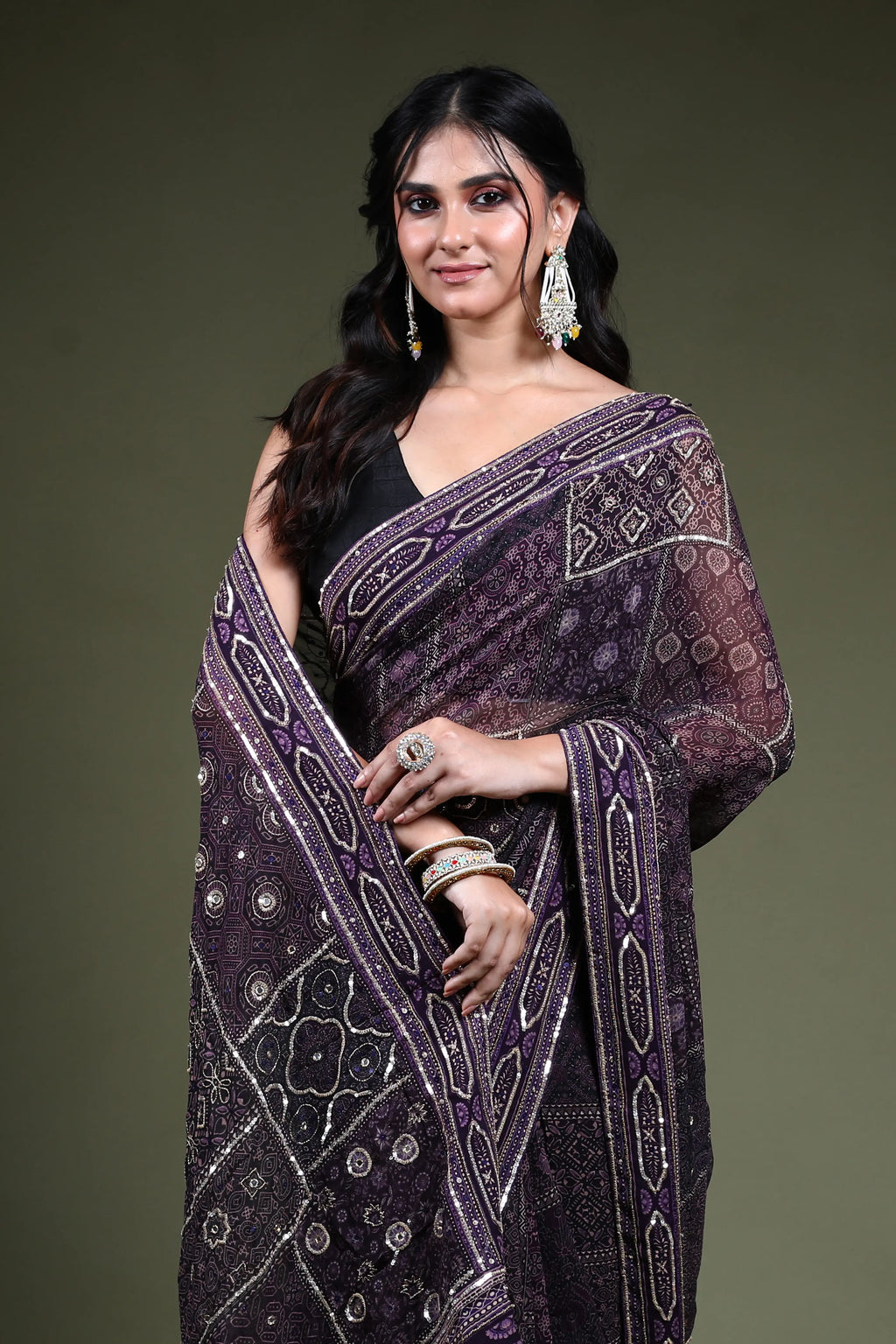 Dark Purple Georgette Saree with Blouse Piece