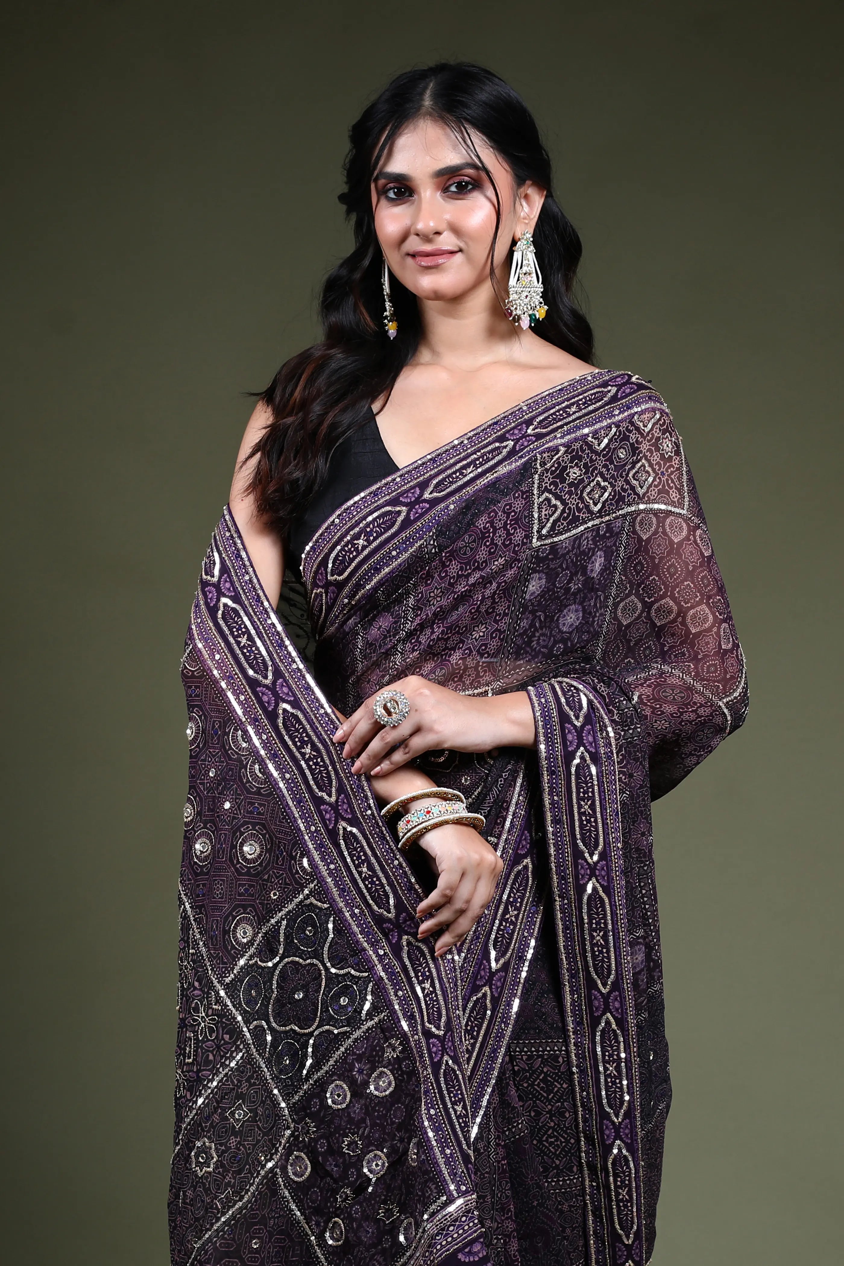 Dark Purple Georgette Saree with Blouse Piece