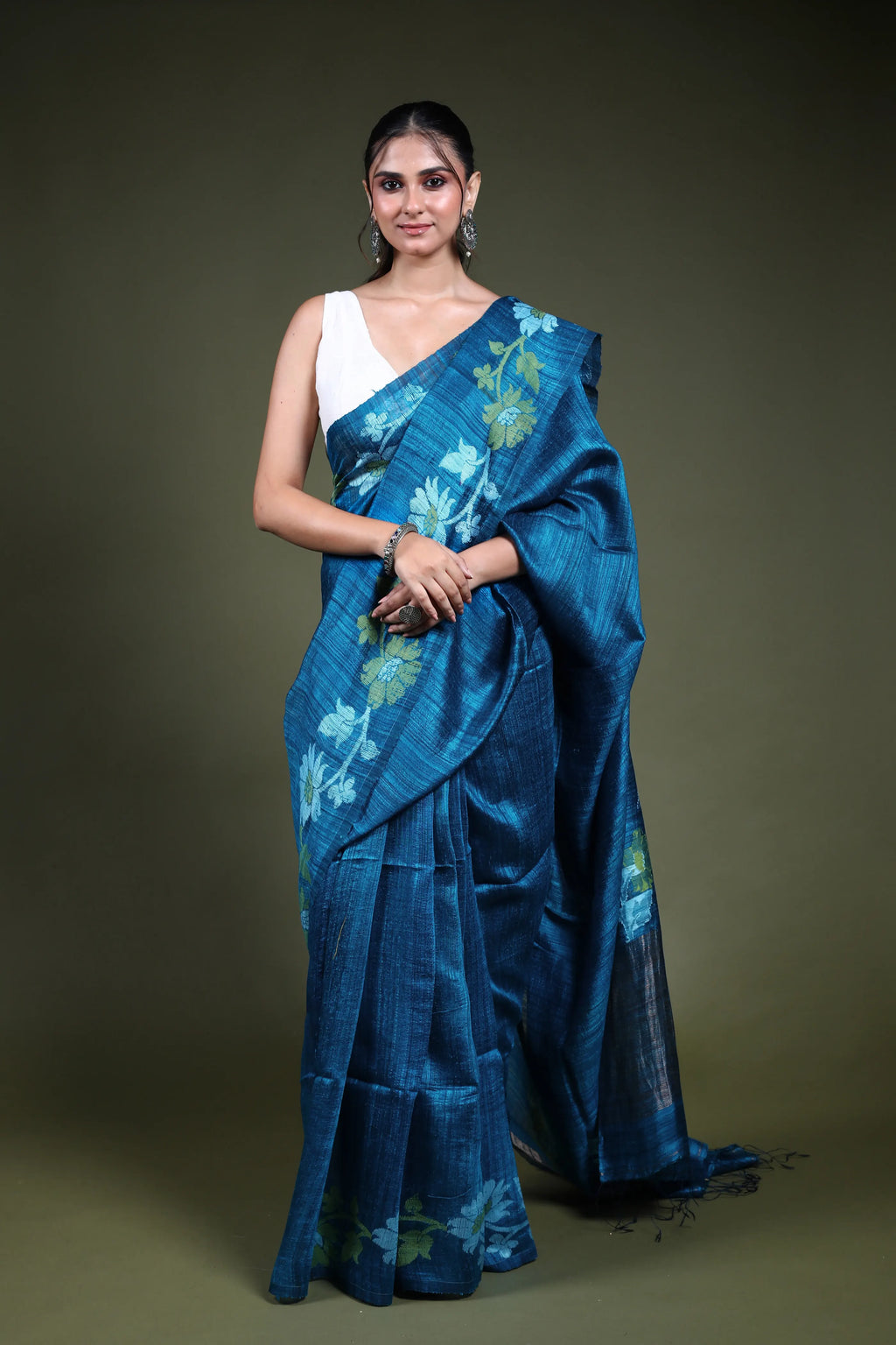 Peacock Blue Muslin Matka Saree with Blouse Piece